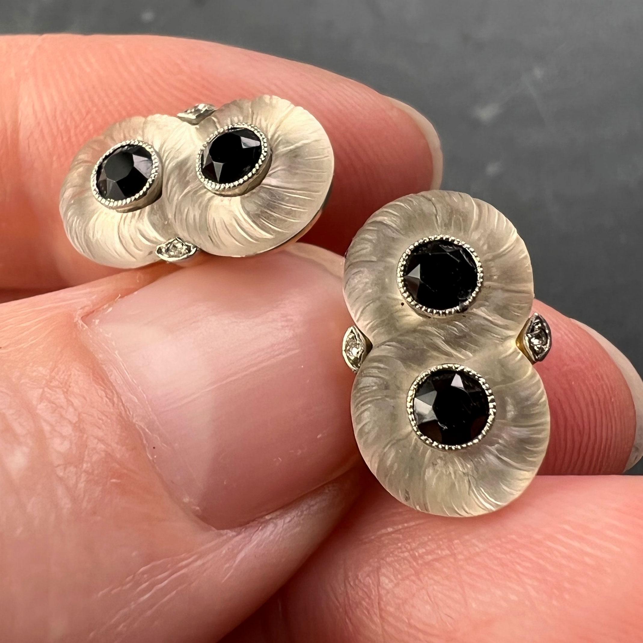 French Rock Crystal Onyx and Diamond 18K Yellow Gold Platinum Cufflinks In Fair Condition For Sale In London, GB