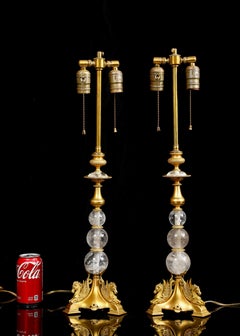 French Rock Crystal & Ormolu Mounted Sphere Shaped & Winged Hippocampus Lamps