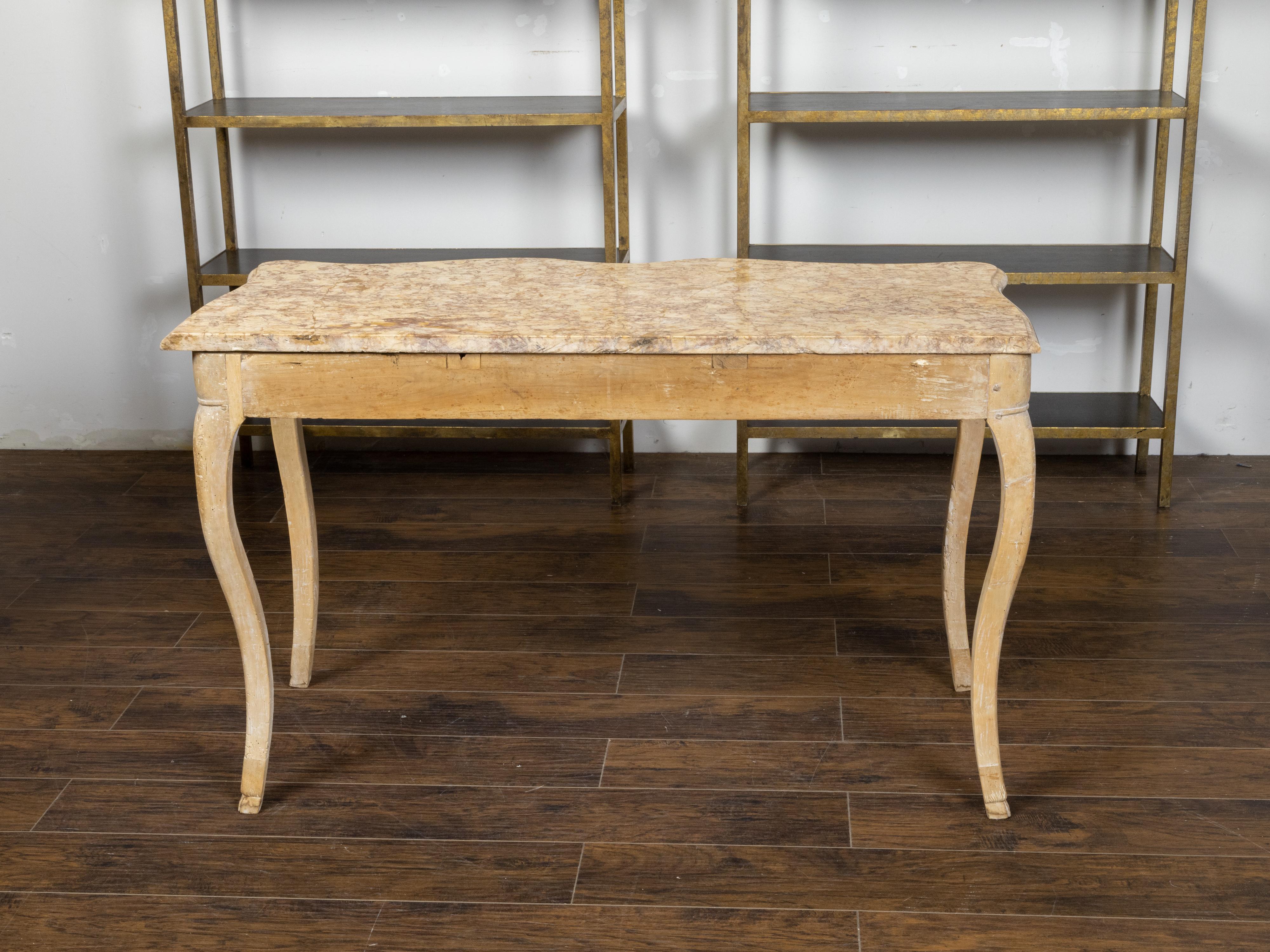 French Rococo 18th Century Beech Wood Marble Top Console Table with Carved Apron For Sale 1