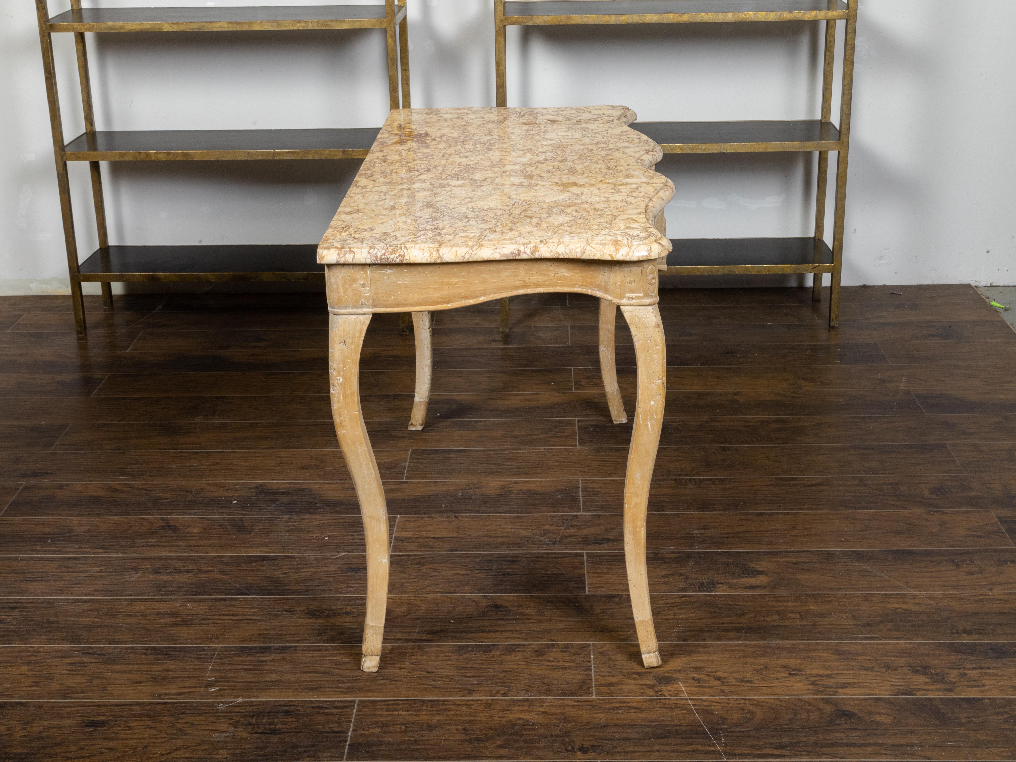French Rococo 18th Century Beech Wood Marble Top Console Table with Carved Apron For Sale 2