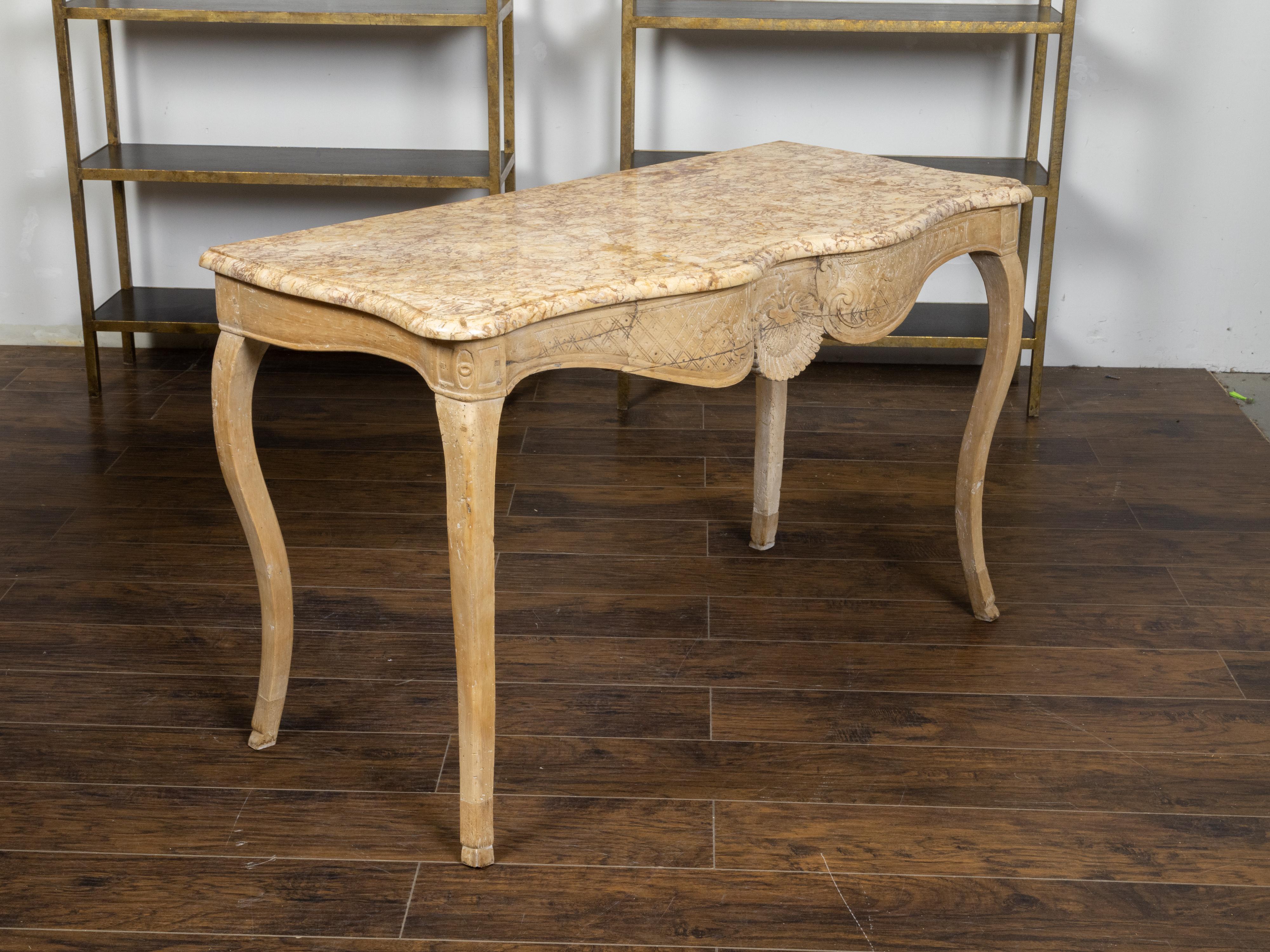 French Rococo 18th Century Beech Wood Marble Top Console Table with Carved Apron For Sale 3