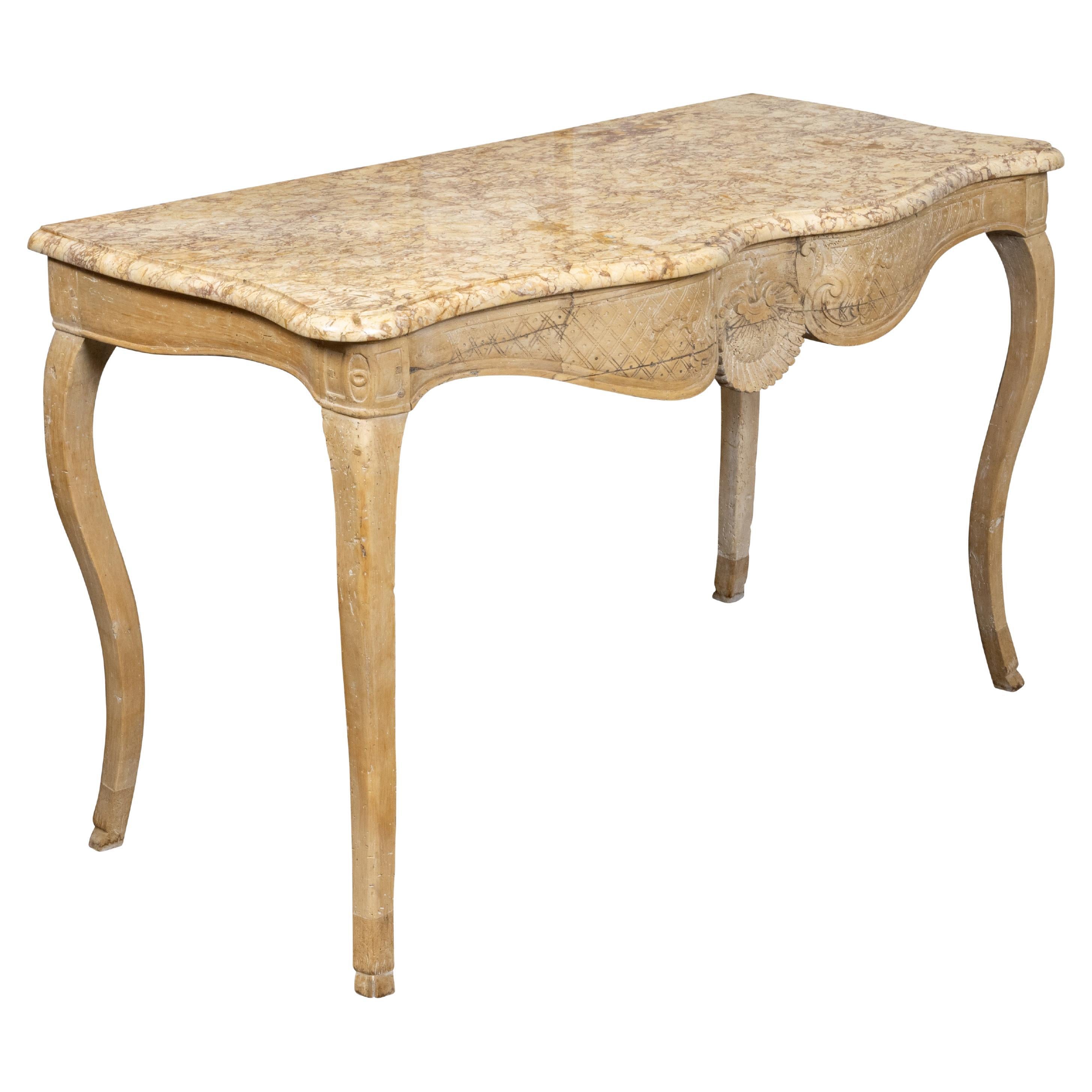 French Rococo 18th Century Beech Wood Marble Top Console Table with Carved Apron For Sale