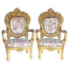 French Rococo Arm Chairs Carved Giltwood Fauteuils