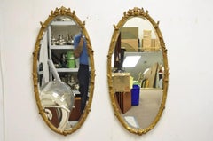 French Rococo Baroque Style Gold Gilt Oval Beveled Glass Wall Mirrors - a Pair