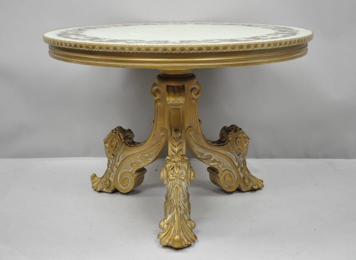 French Rococo Baroque Style Gold Italian Round Fancy Glass Top Tall Coffee Table 3