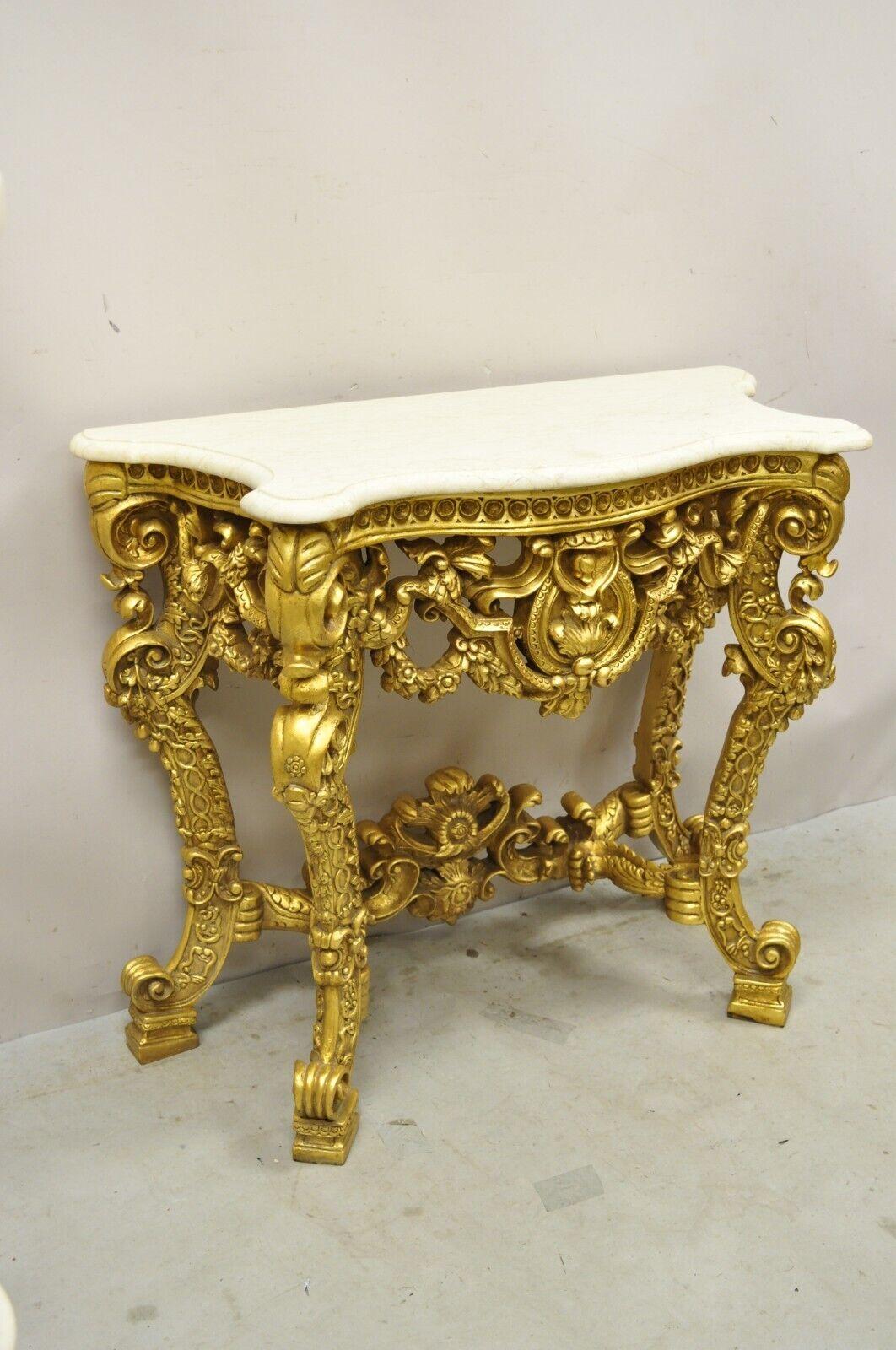French Rococo Baroque Style Gold Travertine Marble Top Console Hall