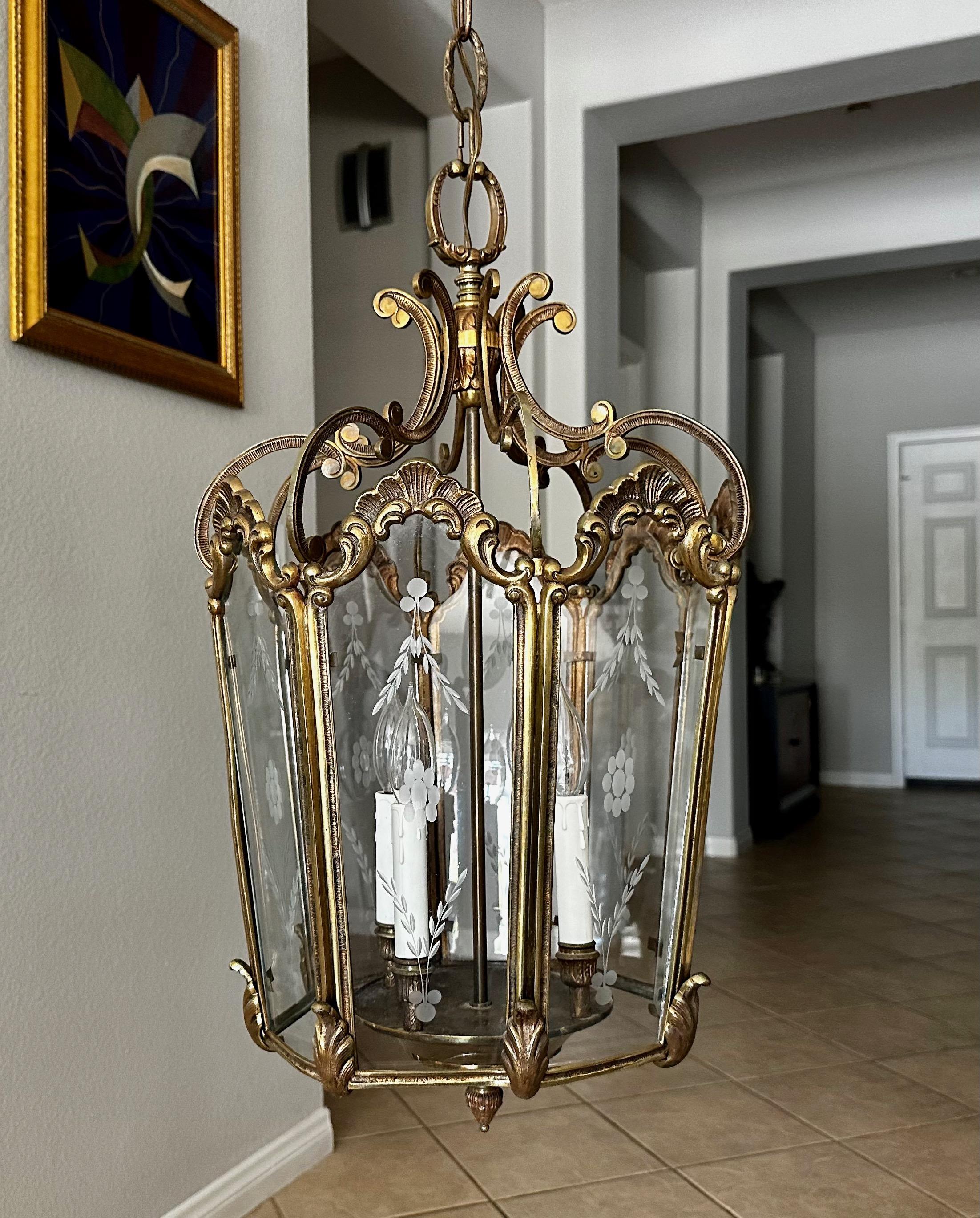 French Rococo Brass  Etched Glass Lantern Hall Light For Sale 5