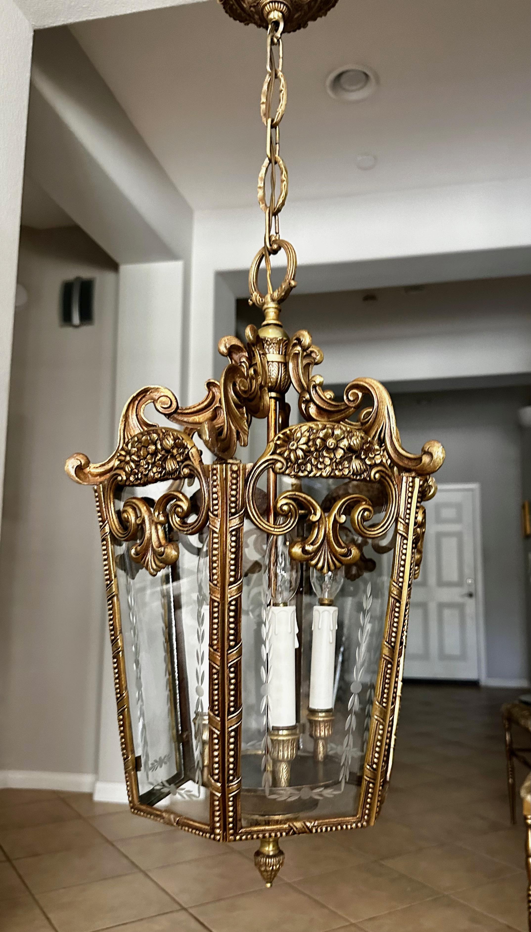 French Rococo Brass Etched Glass Lantern Hall Light For Sale 5