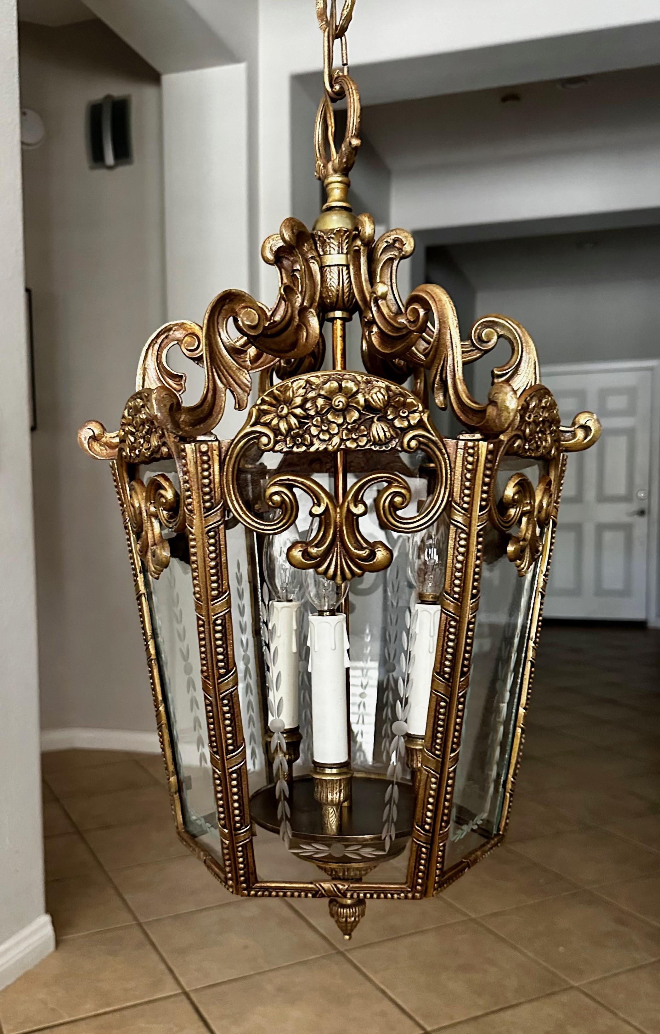 French Rococo Brass Etched Glass Lantern Hall Light For Sale 6