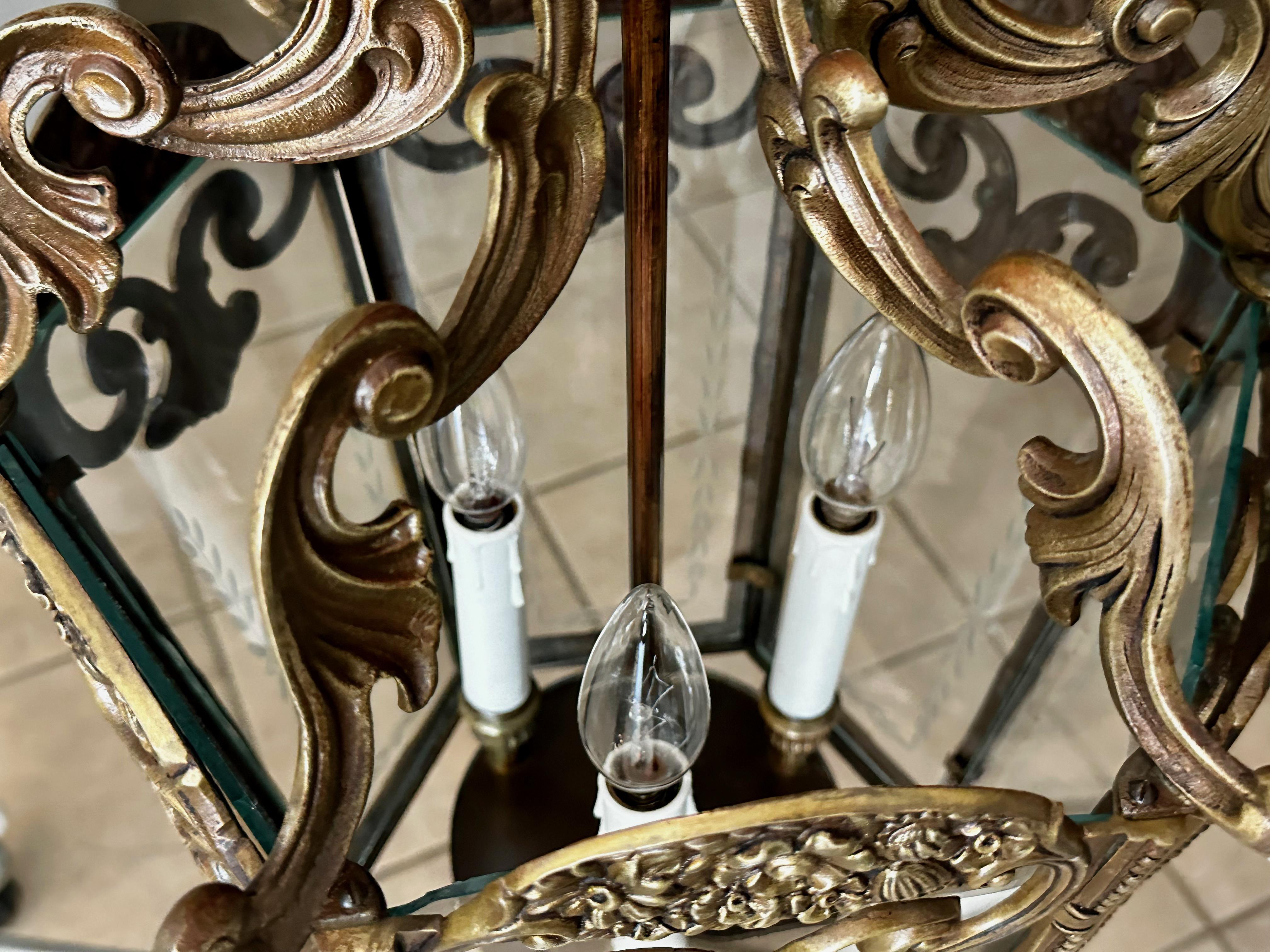 Französisch Rokoko Messing geätzten Glas Laterne Hall Light im Angebot 10