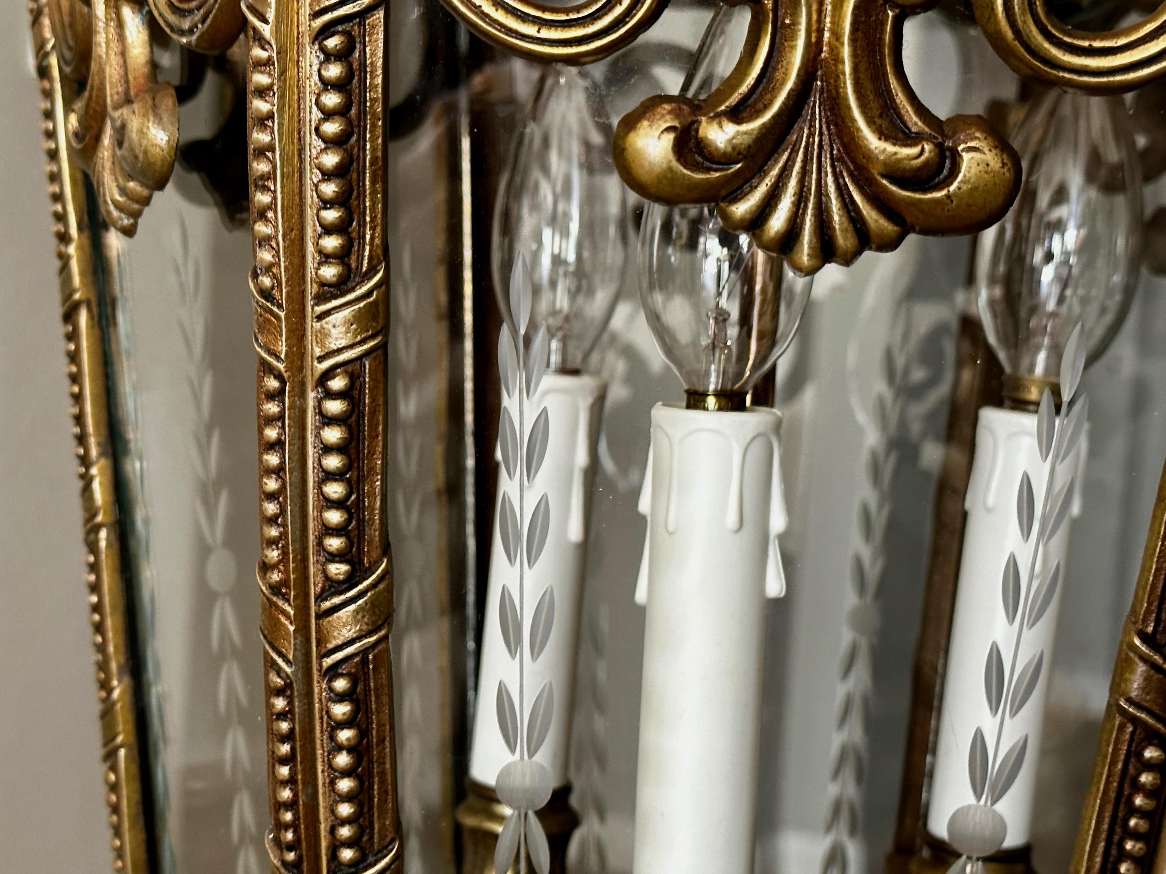 Französisch Rokoko Messing geätzten Glas Laterne Hall Light im Angebot 11