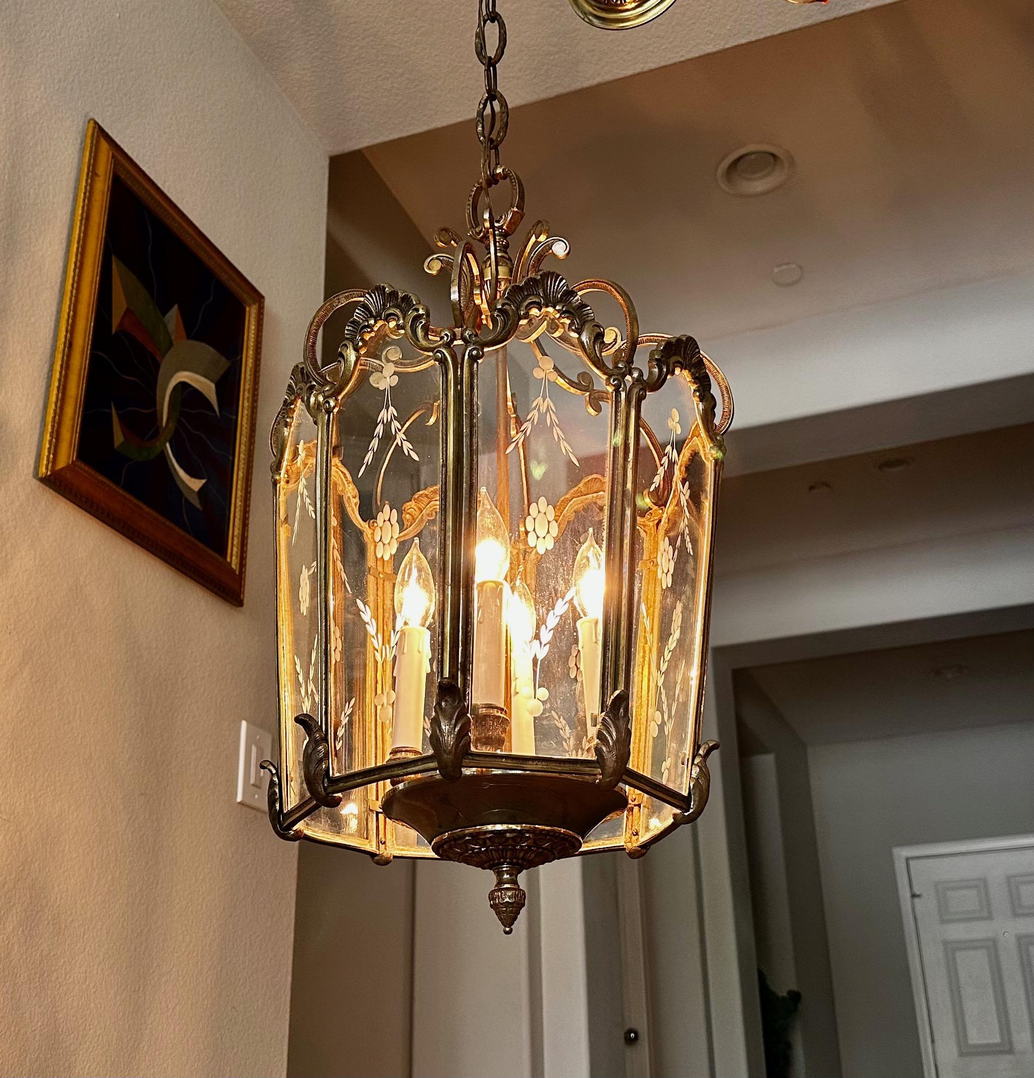 French Rococo Brass  Etched Glass Lantern Hall Light For Sale 12