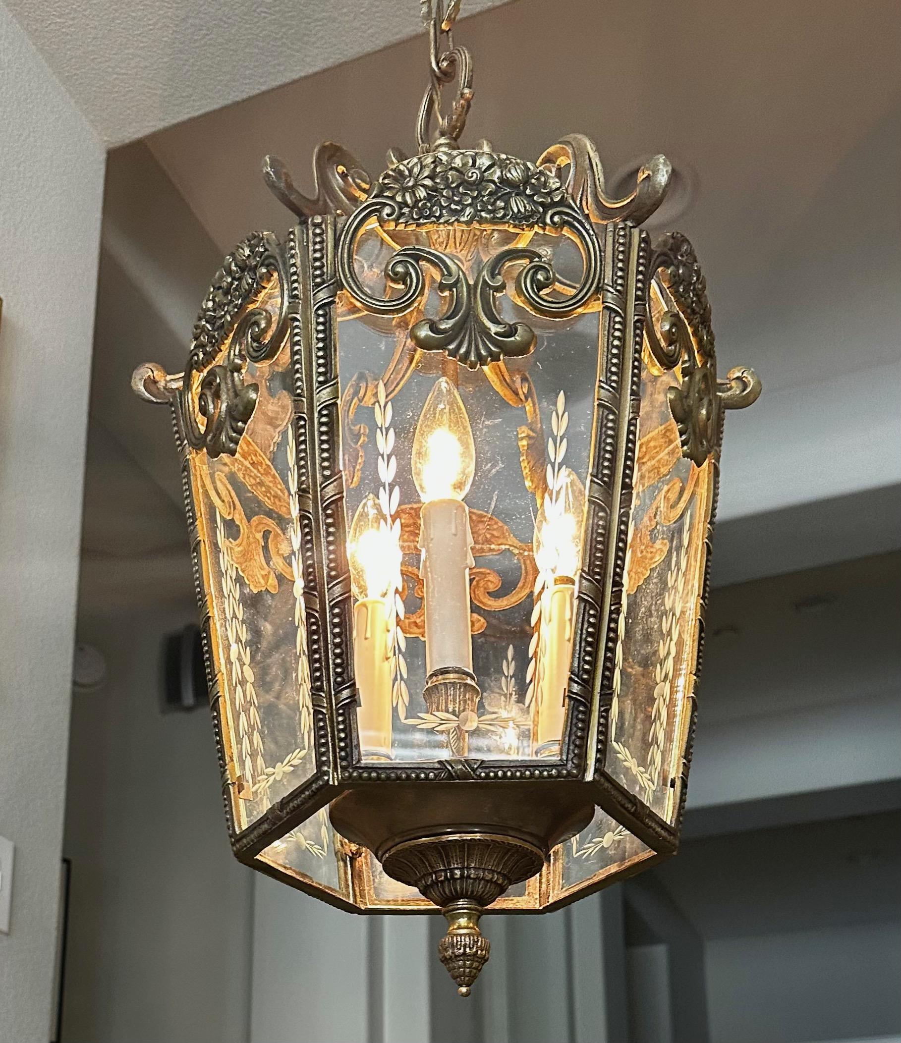 French Rococo Brass Etched Glass Lantern Hall Light For Sale 13