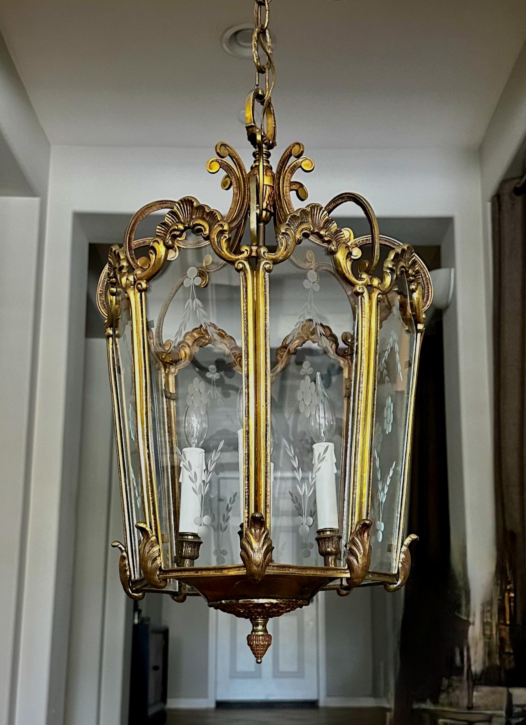 French Rococo Brass  Etched Glass Lantern Hall Light For Sale 14