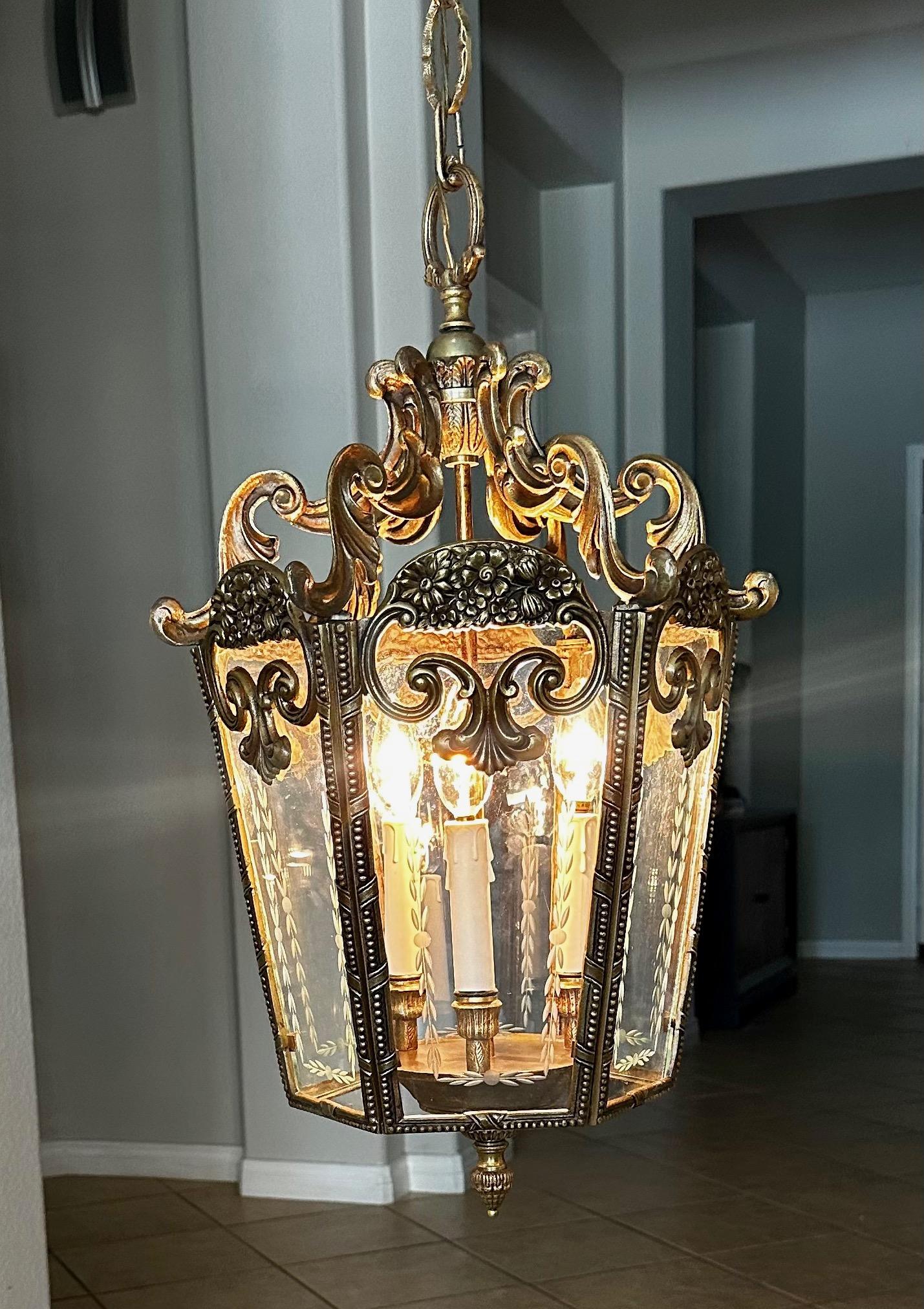 French Rococo Brass Etched Glass Lantern Hall Light For Sale 14