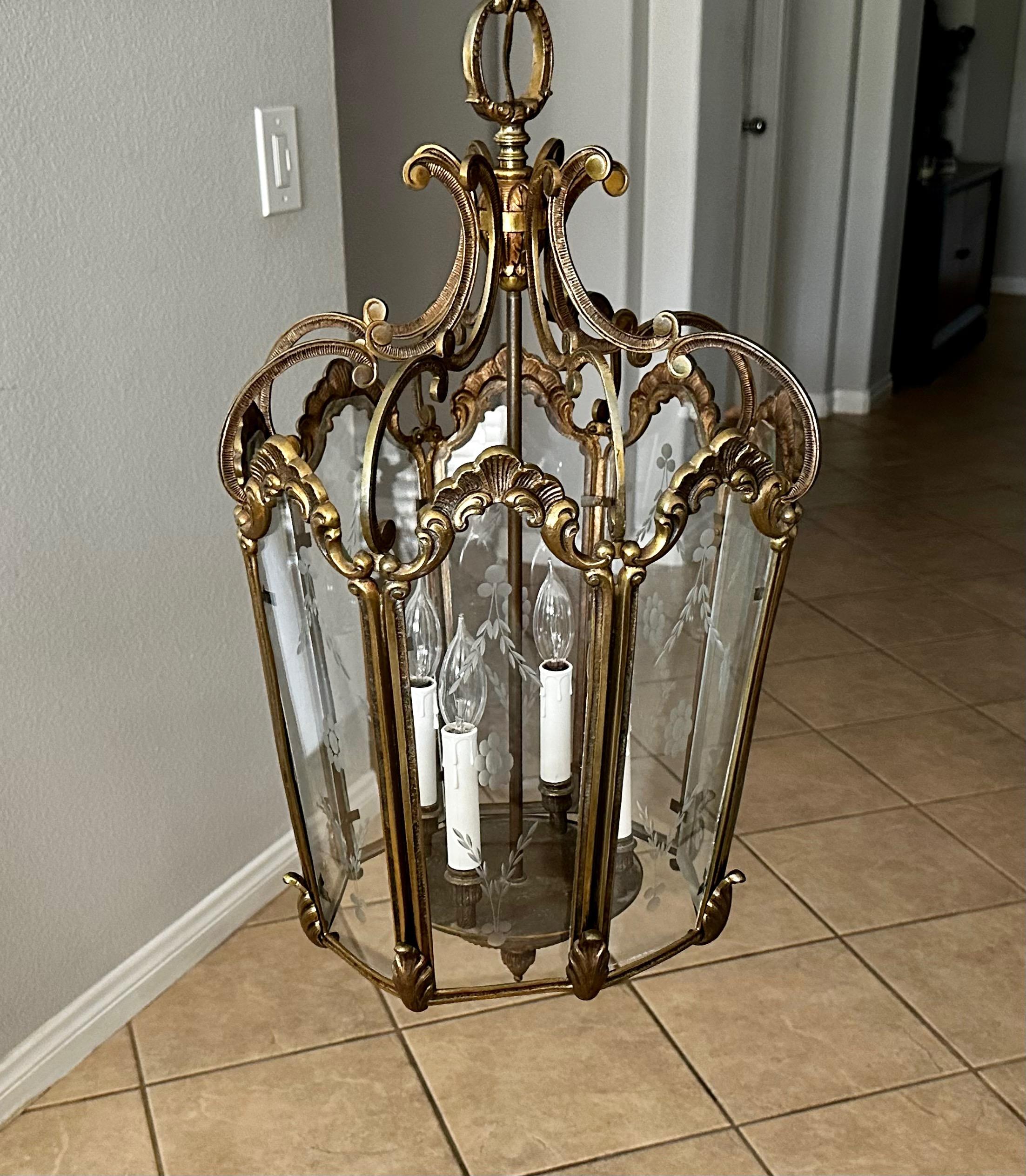 French Rococo Brass  Etched Glass Lantern Hall Light For Sale 15