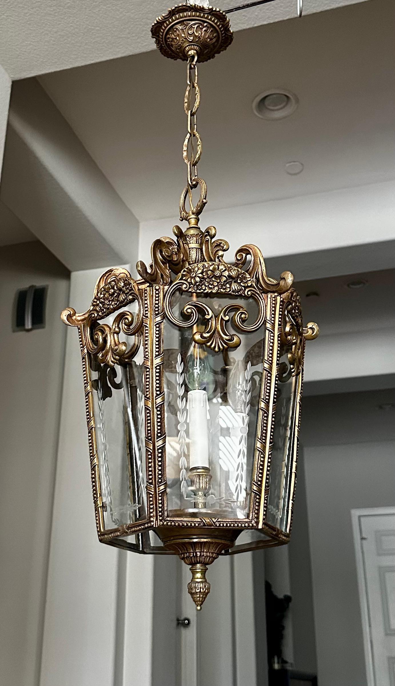 French Rococo Brass Etched Glass Lantern Hall Light For Sale 15