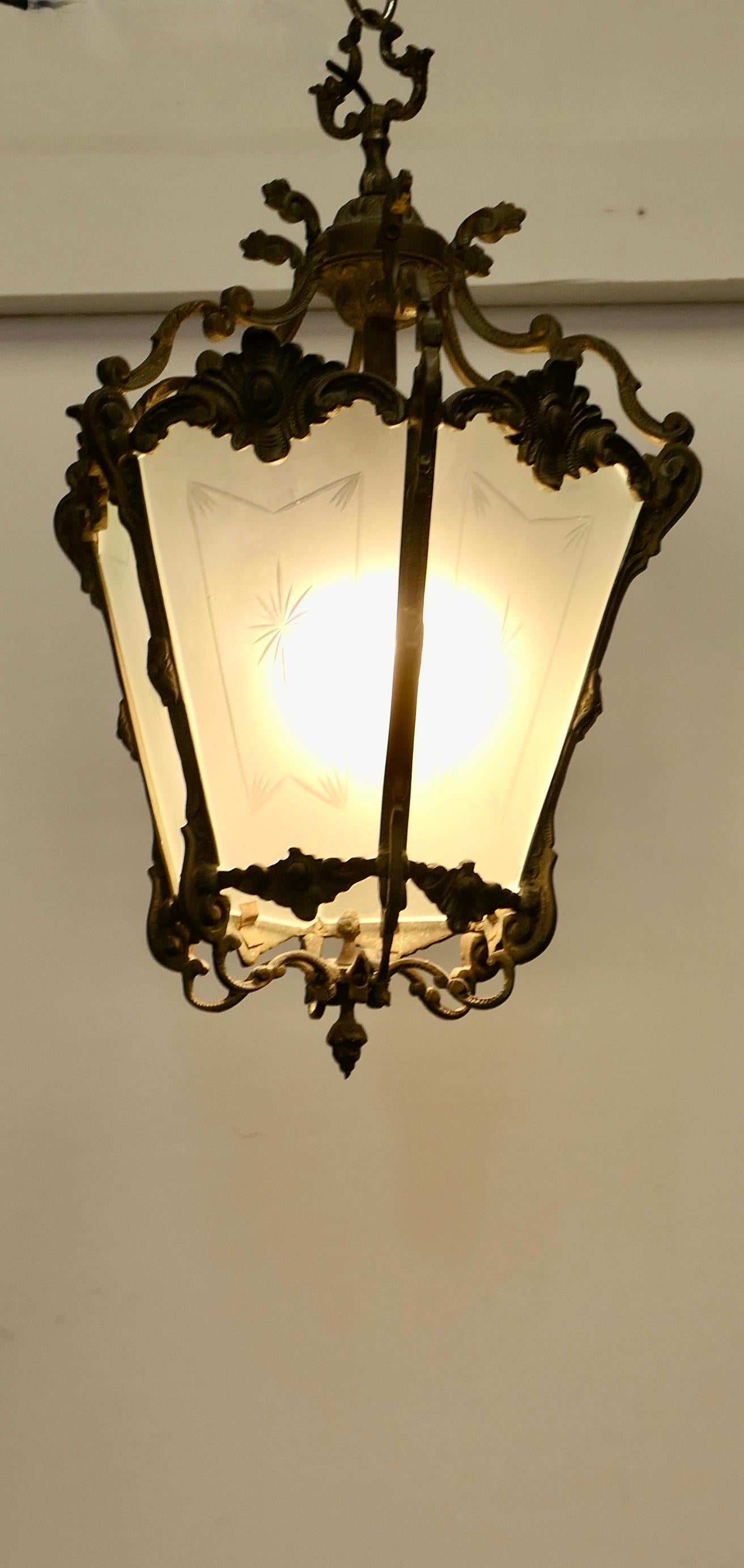 Adam Style  French Rococo Brass & Etched Glass Lantern Hall Light    For Sale