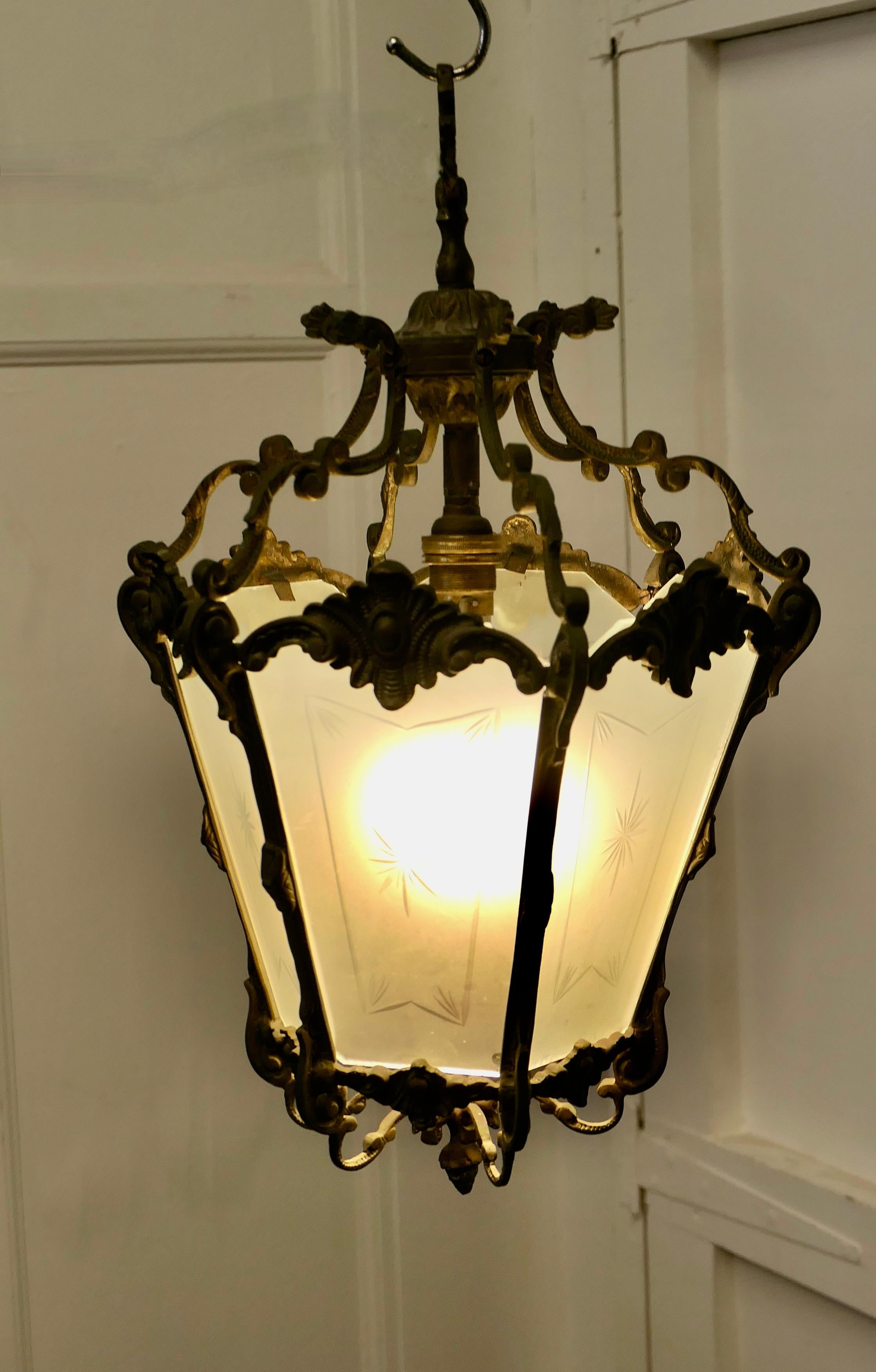  French Rococo Brass & Etched Glass Lantern Hall Light    In Good Condition For Sale In Chillerton, Isle of Wight