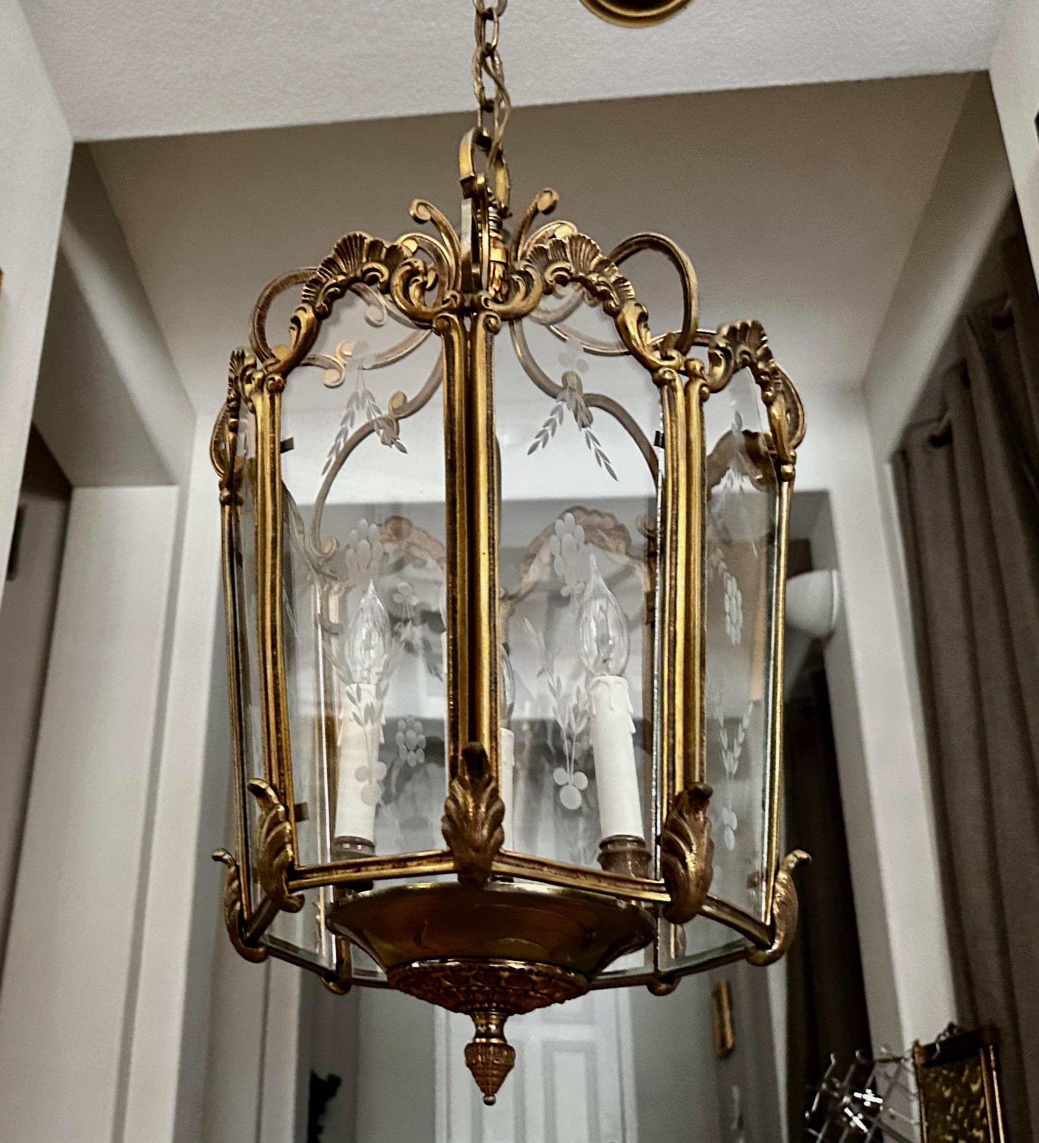 Mid-20th Century French Rococo Brass  Etched Glass Lantern Hall Light For Sale