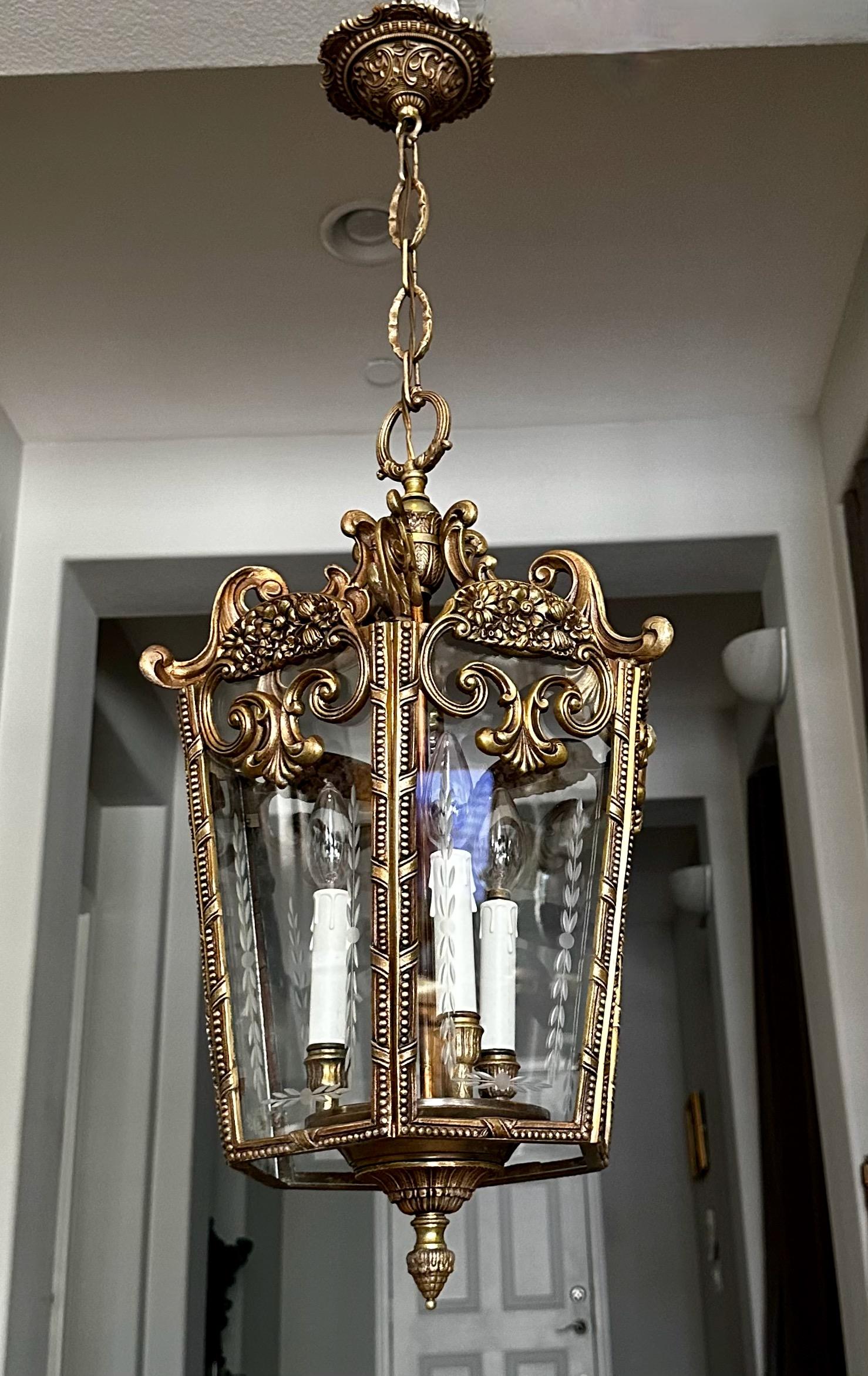 Mid-20th Century French Rococo Brass Etched Glass Lantern Hall Light For Sale