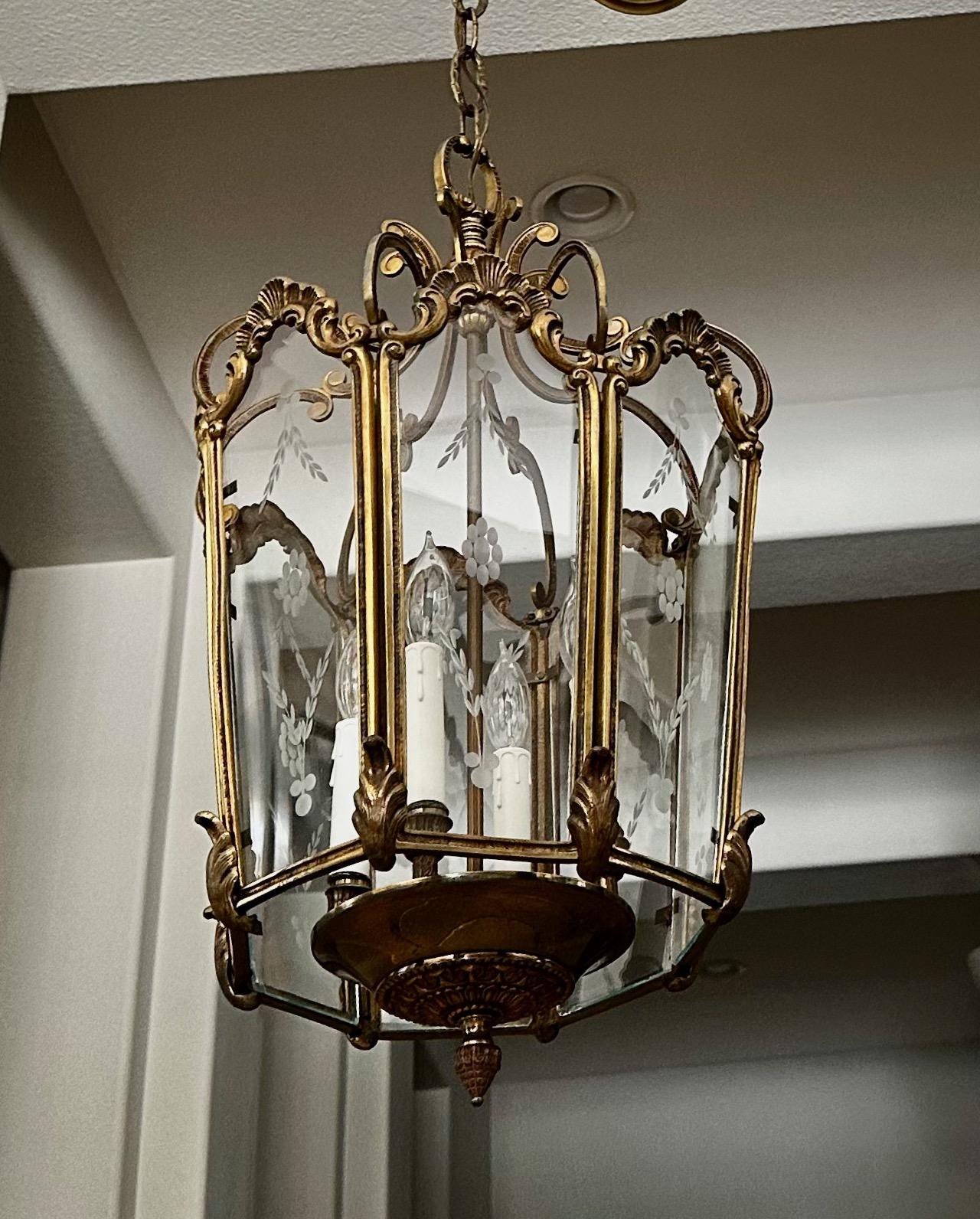 Metal French Rococo Brass  Etched Glass Lantern Hall Light For Sale