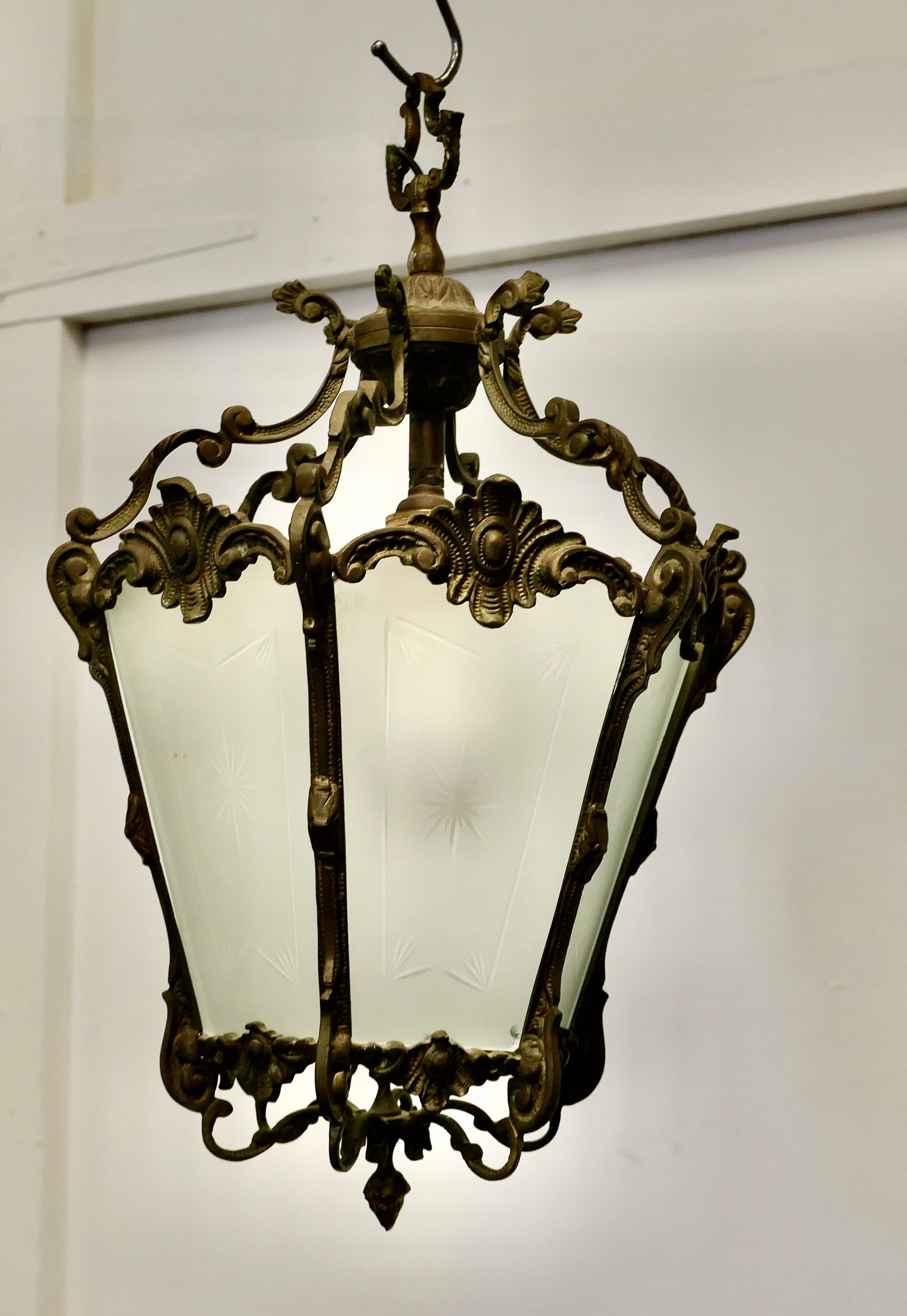 Ormolu  French Rococo Brass & Etched Glass Lantern Hall Light    For Sale