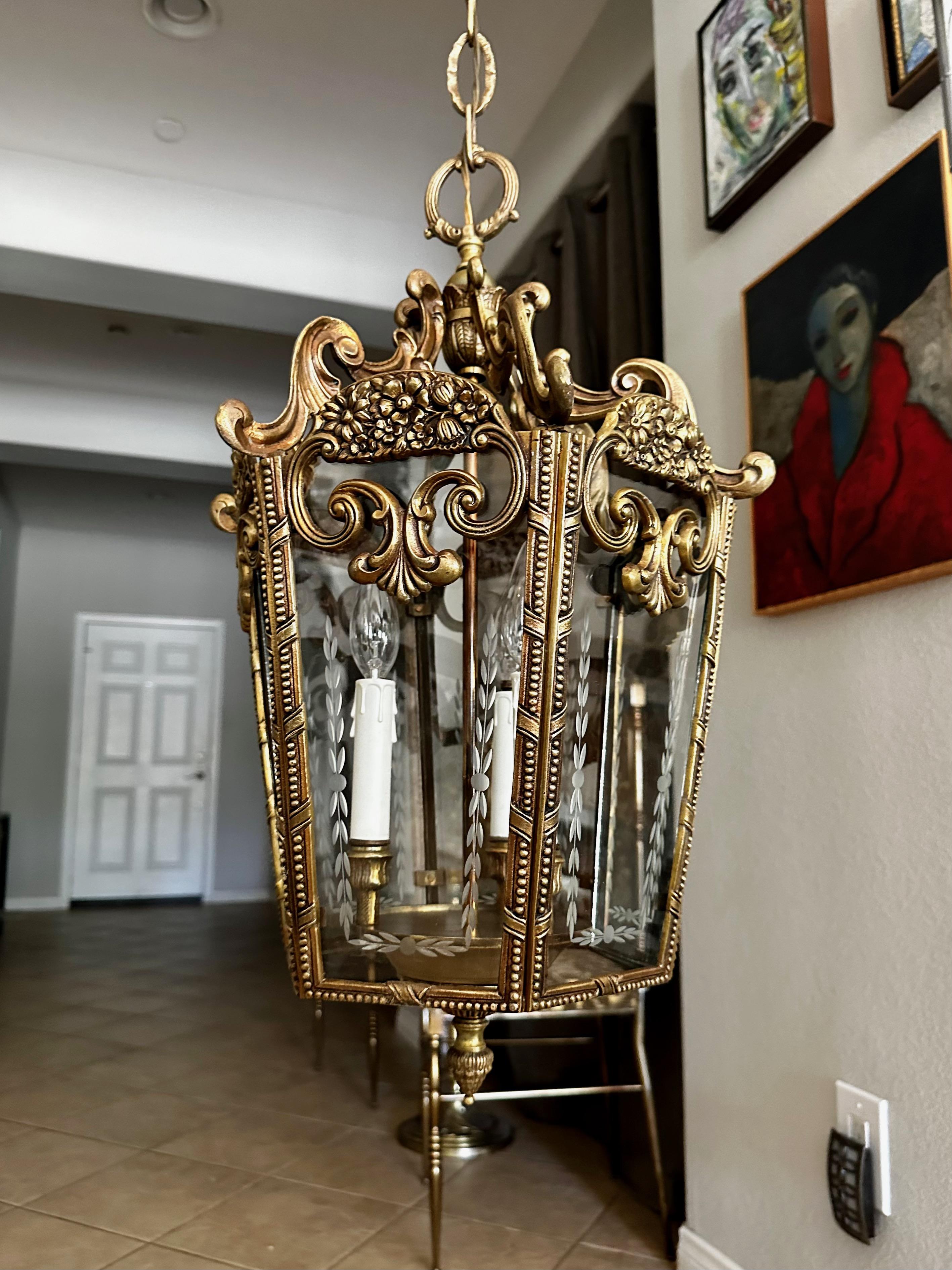 French Rococo Brass Etched Glass Lantern Hall Light For Sale 1