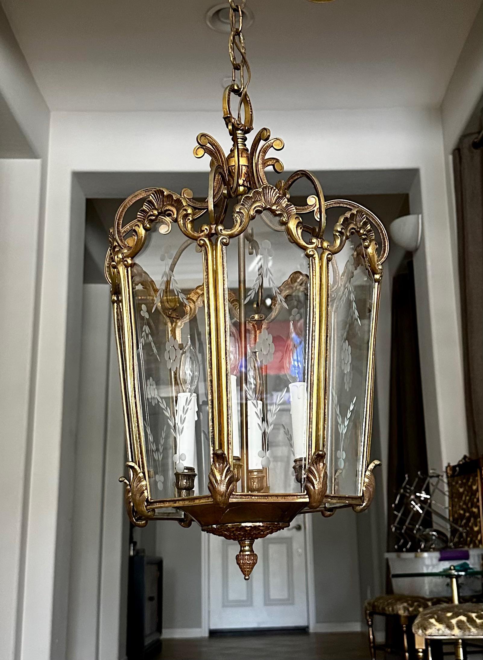 French Rococo Brass  Etched Glass Lantern Hall Light For Sale 2