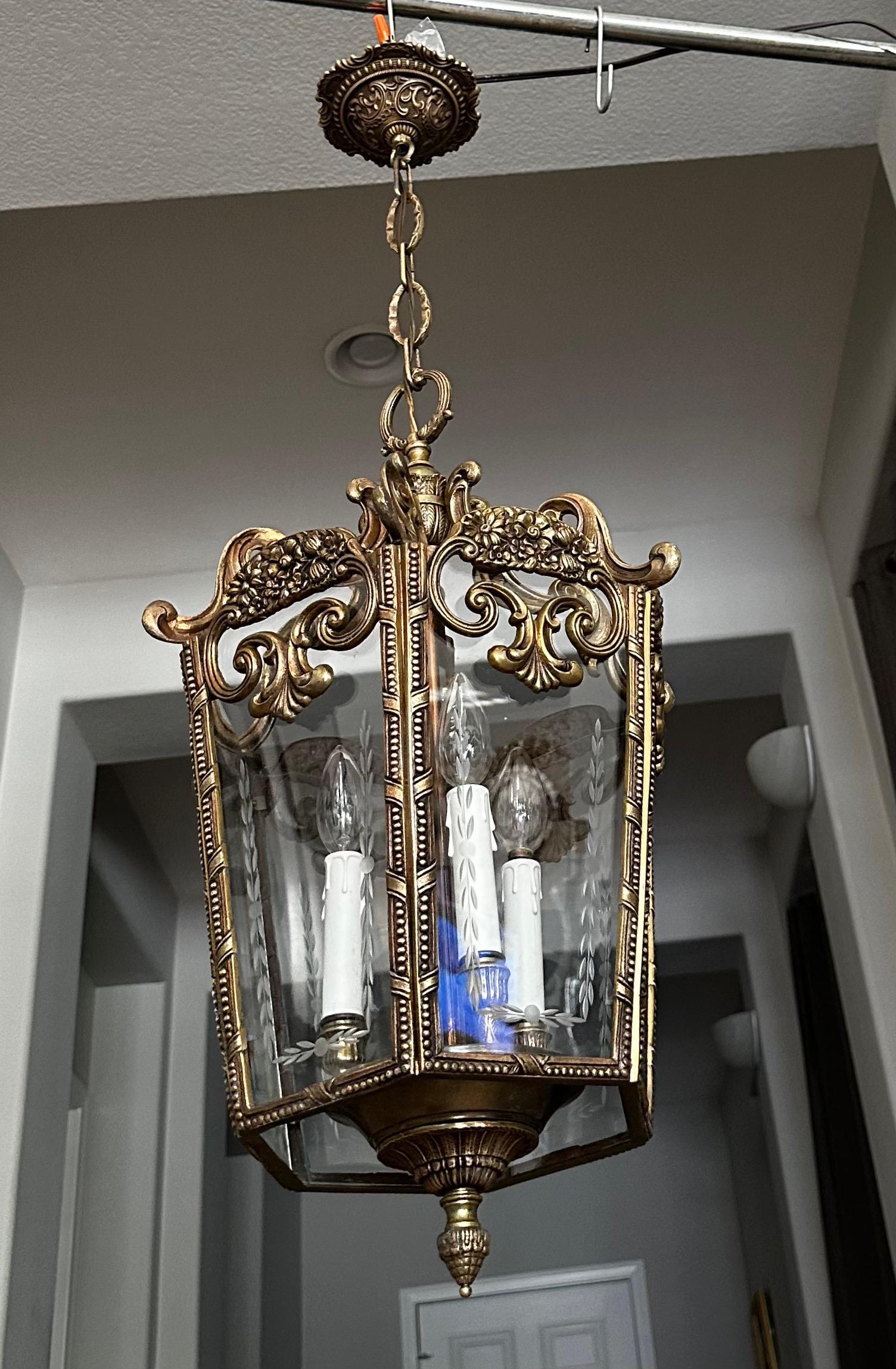 French Rococo Brass Etched Glass Lantern Hall Light For Sale 2