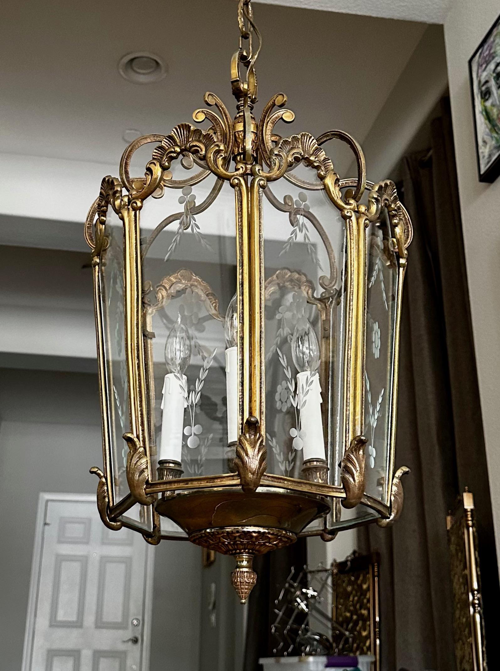 French Rococo Brass  Etched Glass Lantern Hall Light For Sale 3