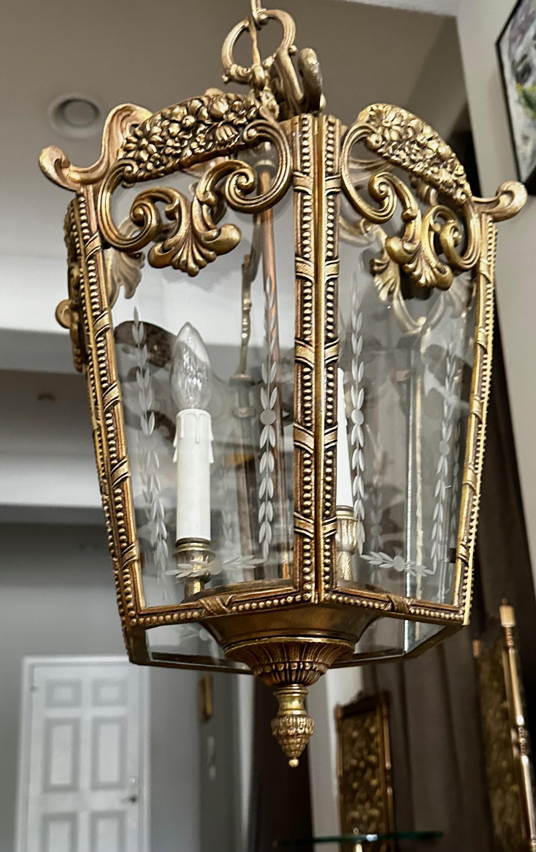 French Rococo Brass Etched Glass Lantern Hall Light For Sale 3
