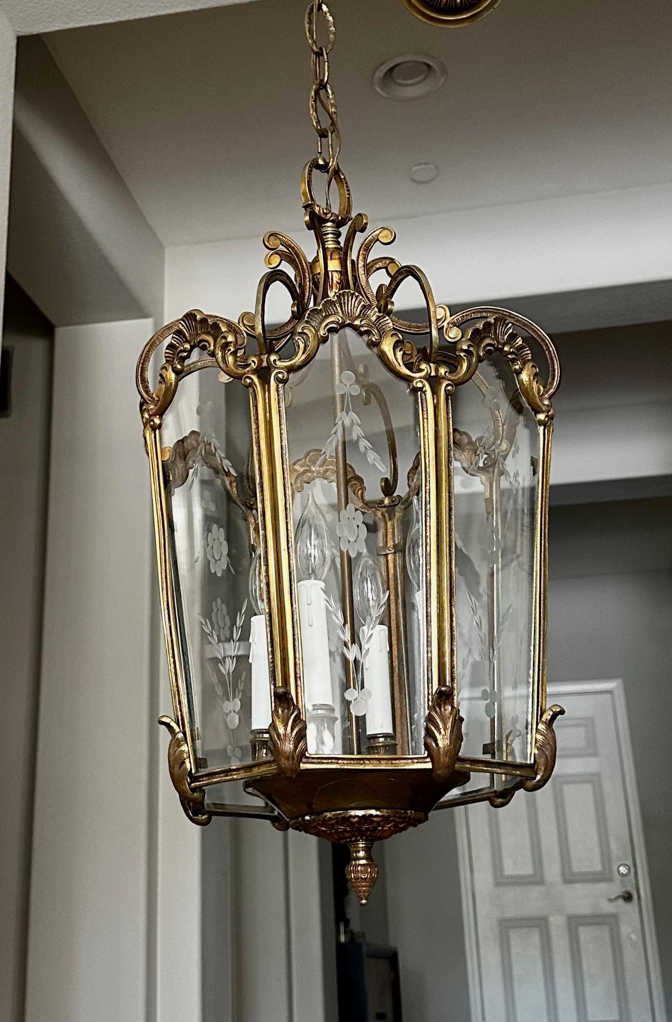 French Rococo Brass  Etched Glass Lantern Hall Light For Sale 4