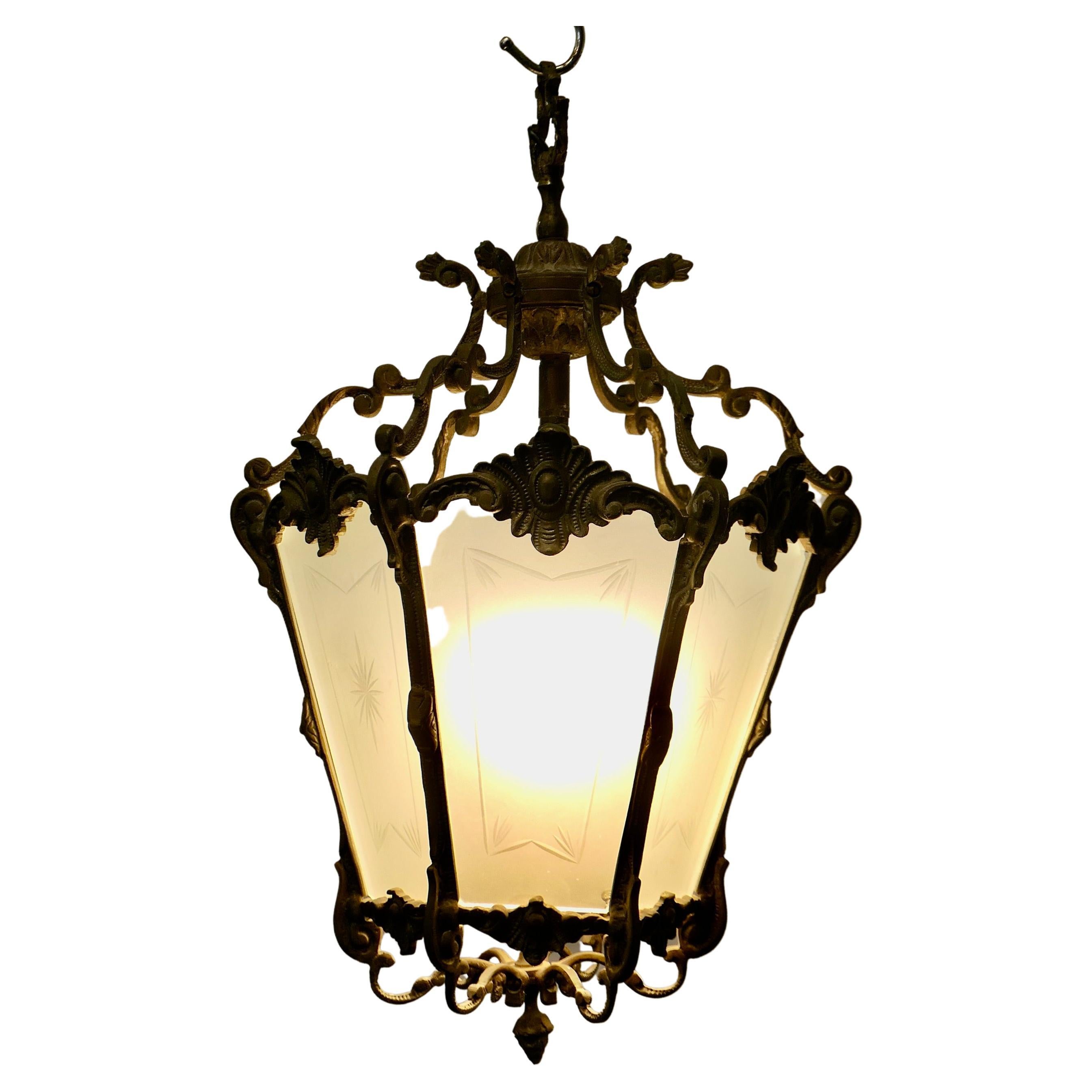  French Rococo Brass & Etched Glass Lantern Hall Light    For Sale