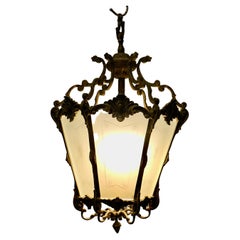  French Rococo Brass & Etched Glass Lantern Hall Light   