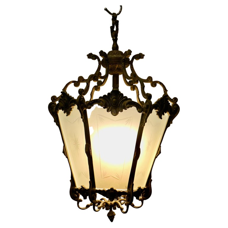 French Rococo Brass and Etched Glass Lantern Hall Light For Sale at 1stDibs