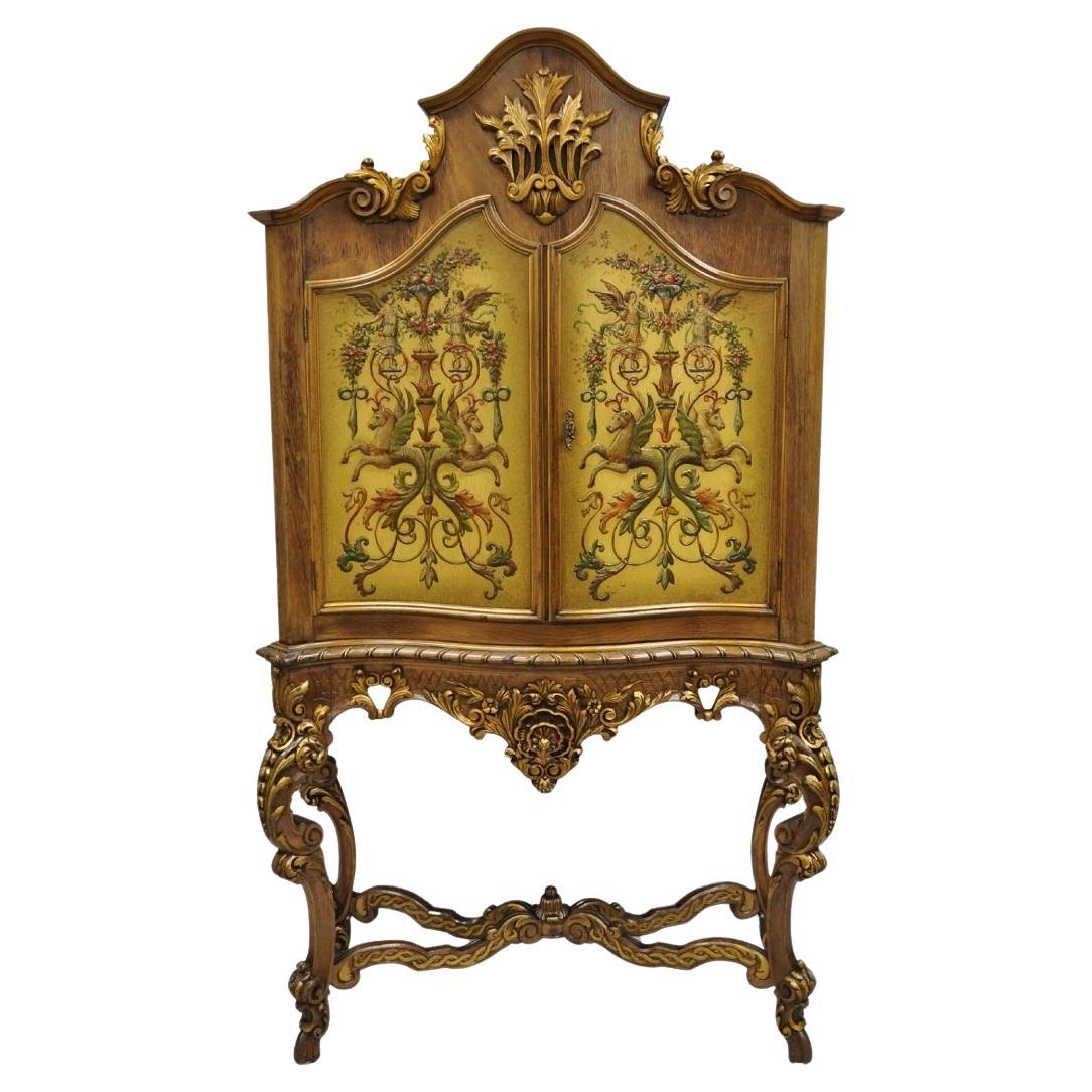 French Rococo Carved Walnut Hand Painted Louis XV Style Blind China Cabinet Bar