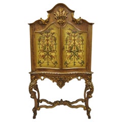 French Rococo Carved Walnut Hand Painted Louis XV Style Blind China Cabinet Bar