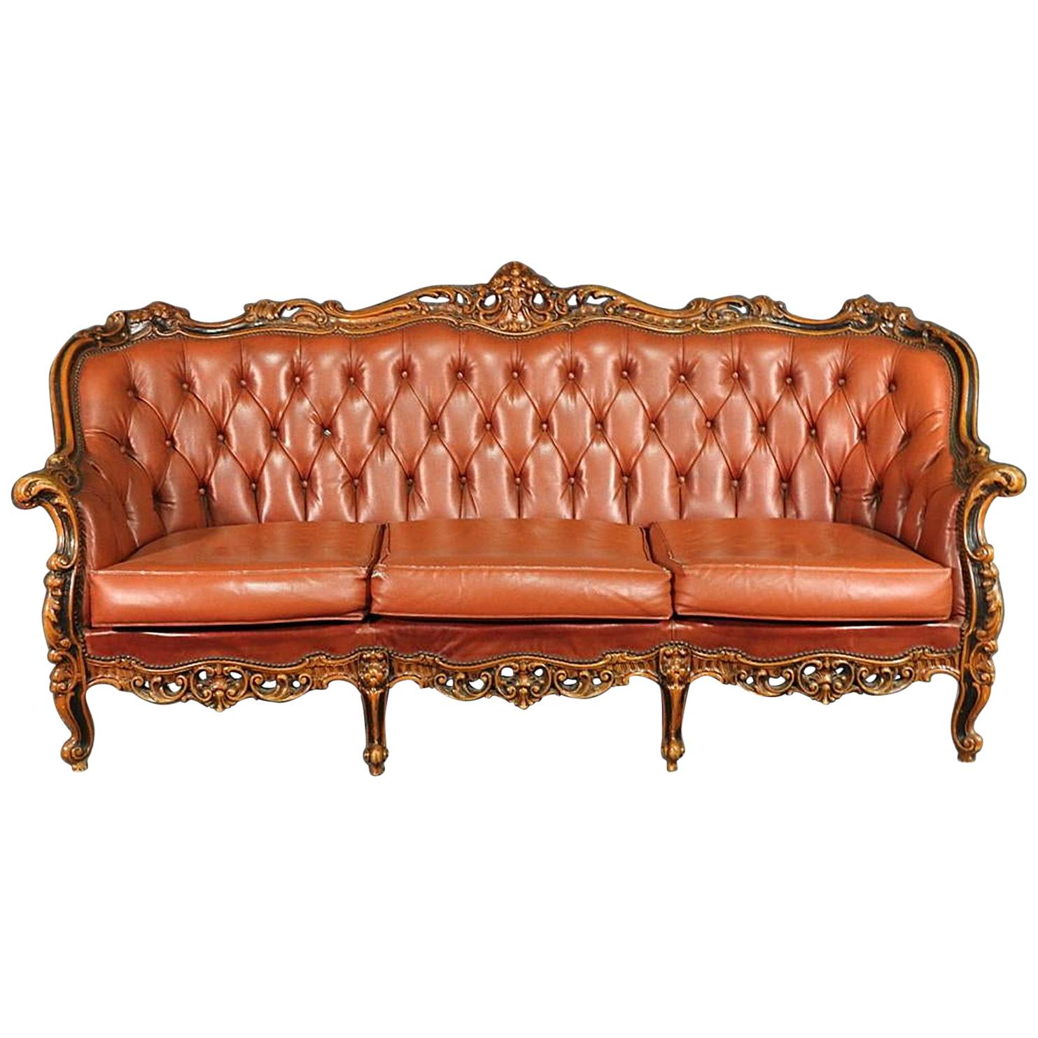 French Rococo Carved Walnut Louis XV Style Tufted Sofa Couch, circa 1940