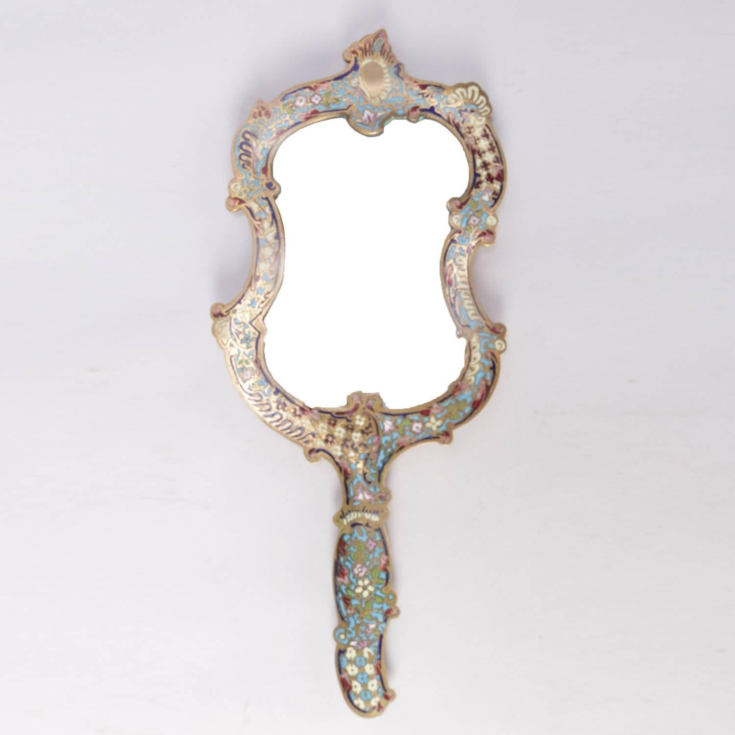 Enameled French Rococo Champlevé Enamel Gilt Bronze Dresser Hand Mirror, 20th Century
