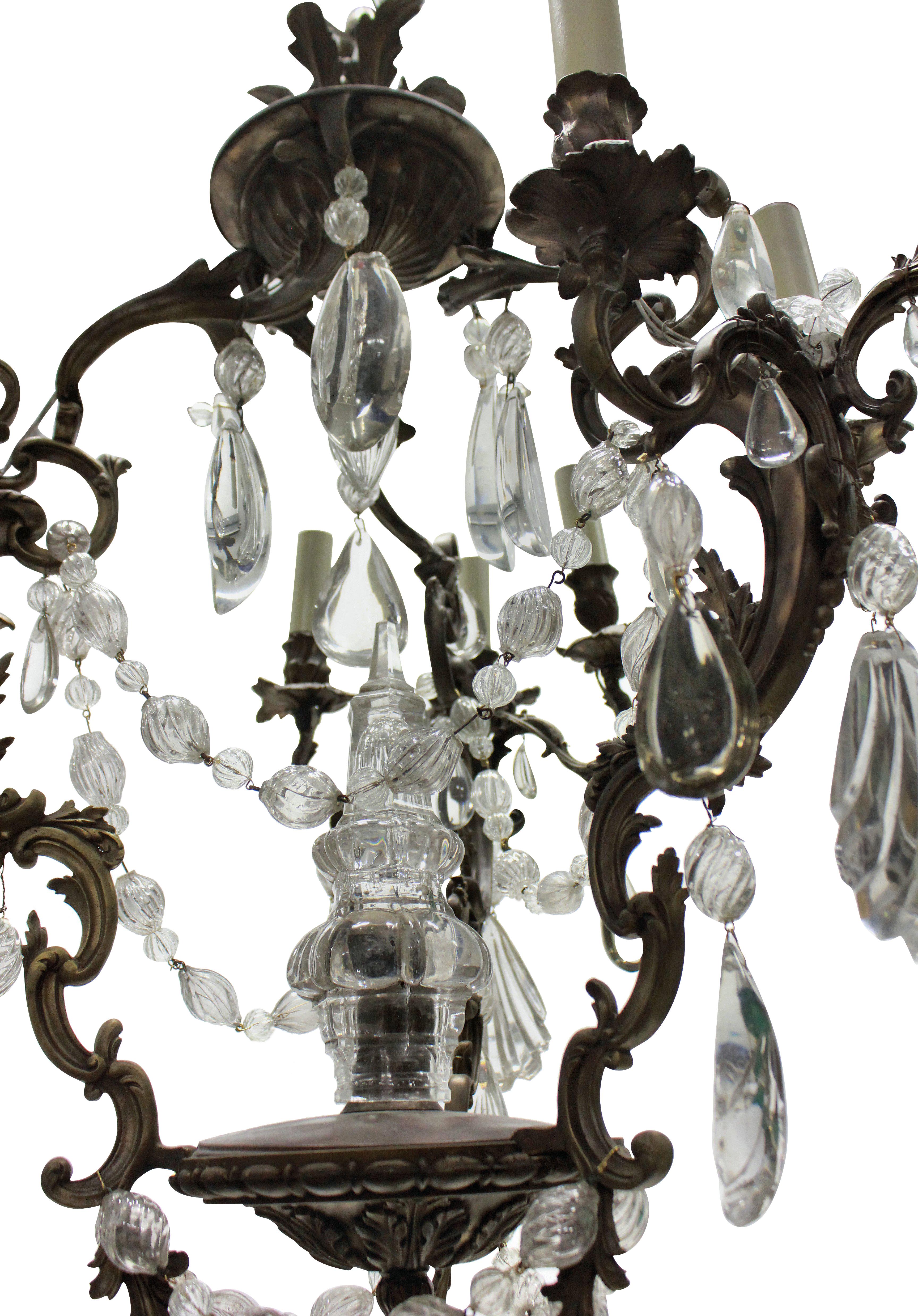 19th Century French Rococo Chandelier in Bronze with Cut Glass