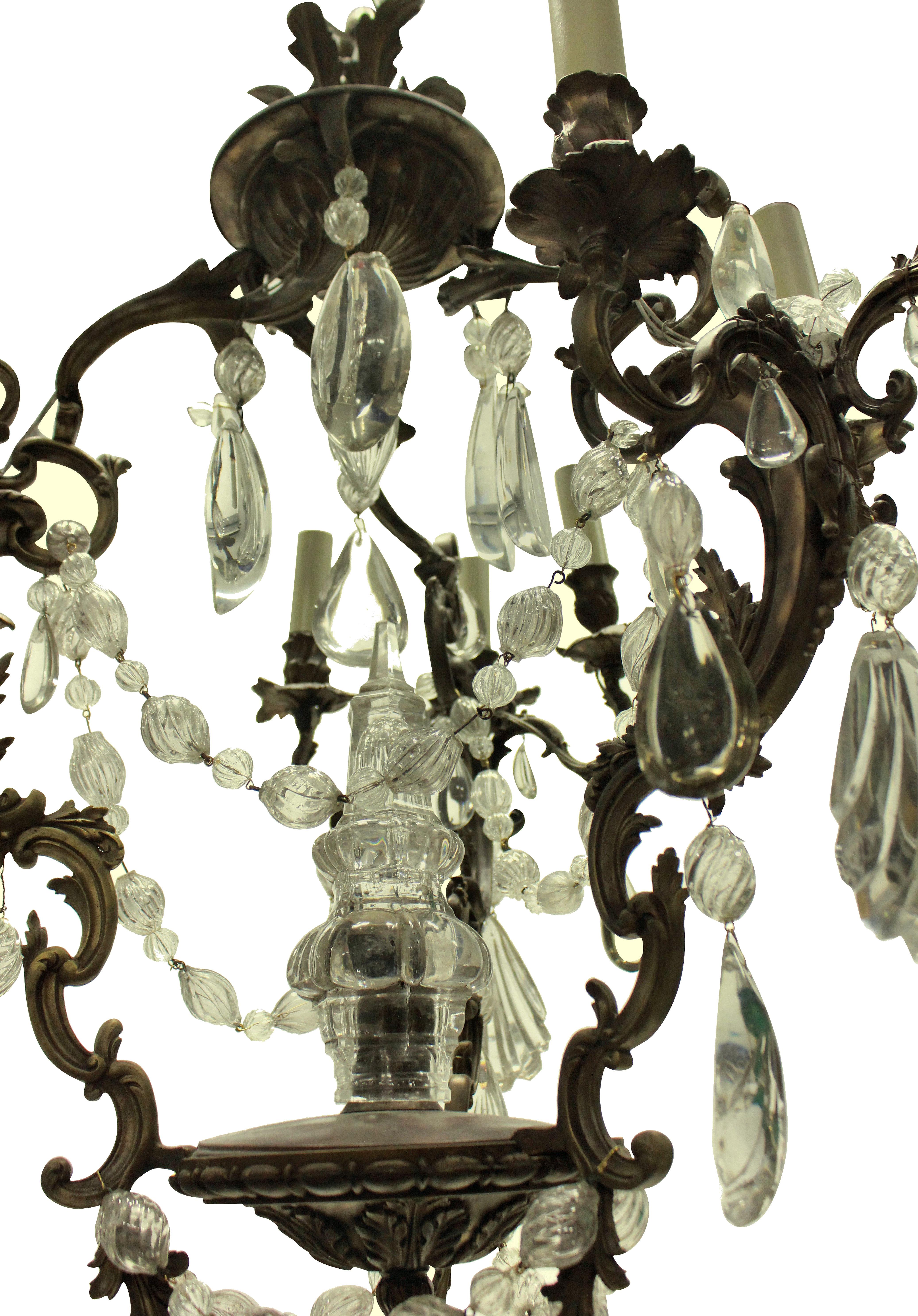 19th Century French Rococo Chandelier in Bronze with Cut-Glass