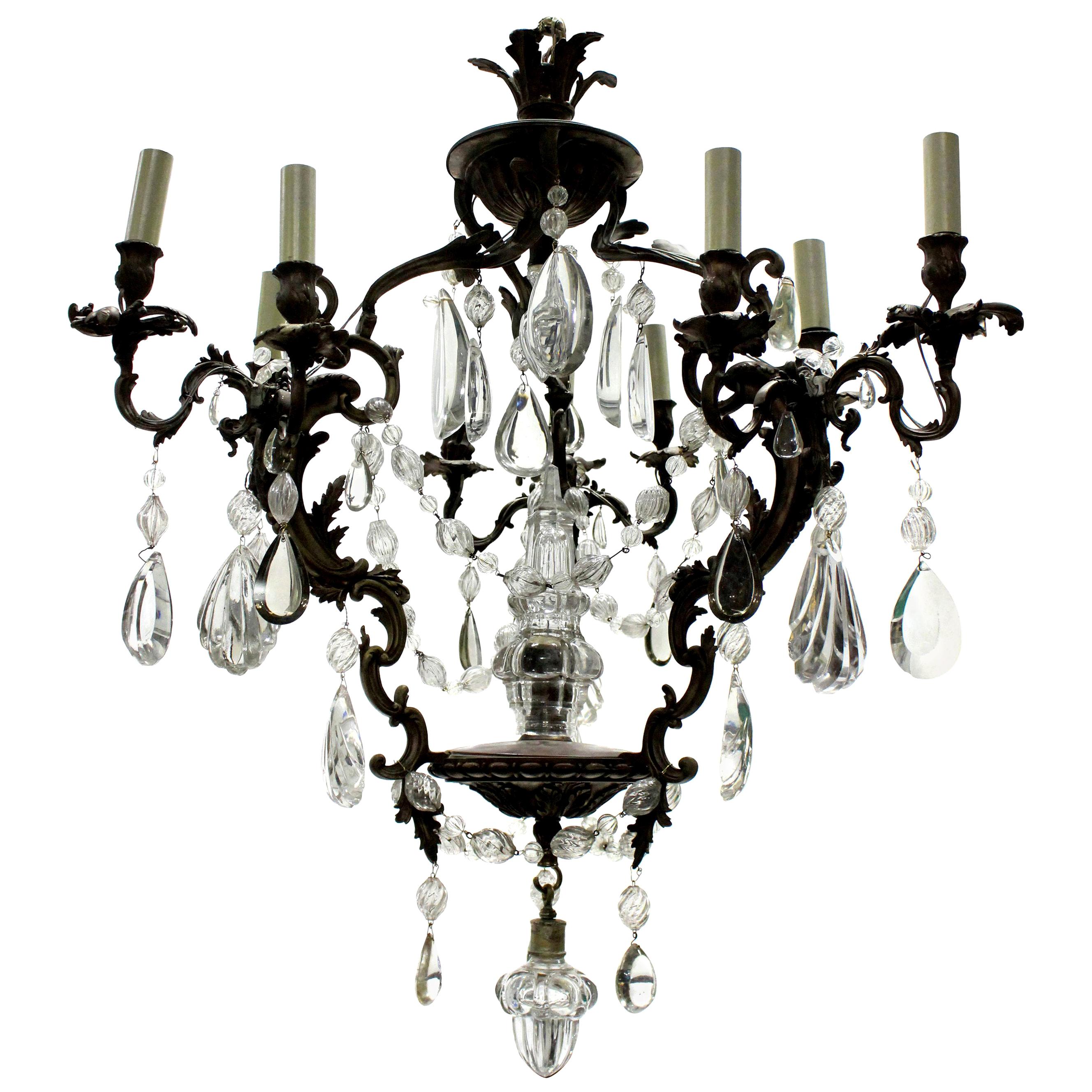 French Rococo Chandelier in Bronze with Cut Glass