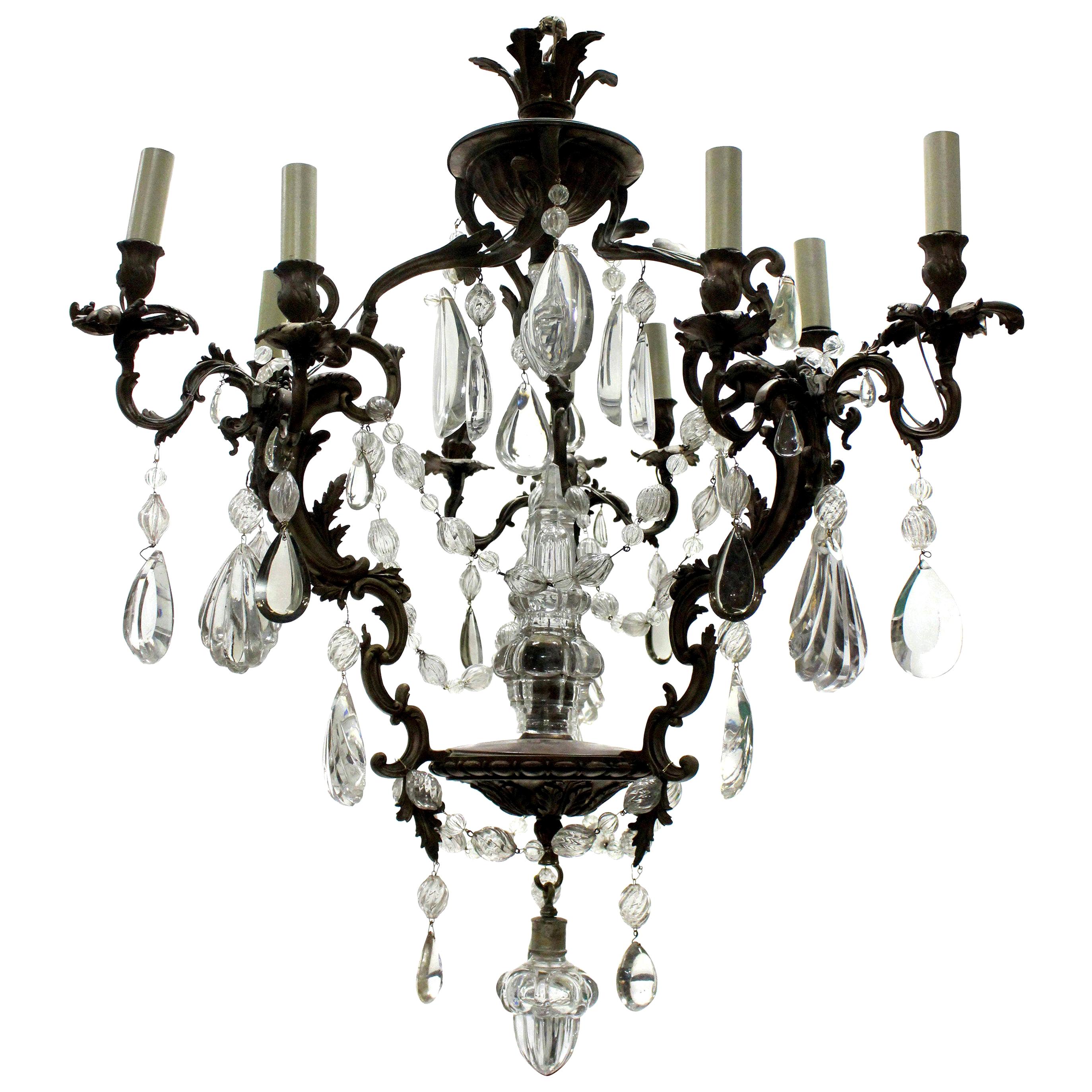 French Rococo Chandelier in Bronze with Cut Glass