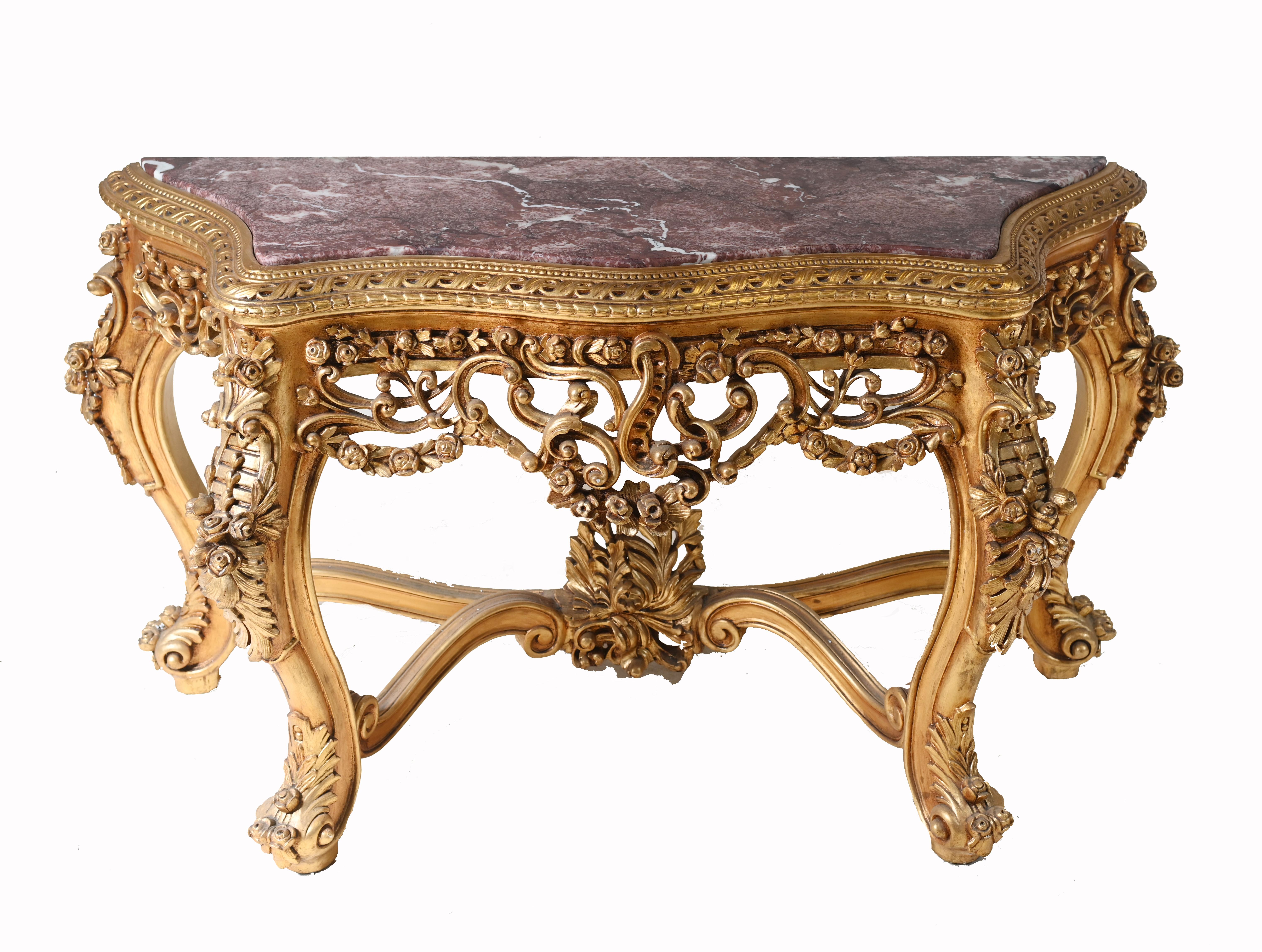 Stai visualizzando un'opulenta consolle francese rococò dorata
Base intagliata a mano e incredibilmente dettagliata con decorazioni rococò
La superficie del marmo, liscia e priva di schegge, presenta venature bianche naturali ed è orlata da un bordo