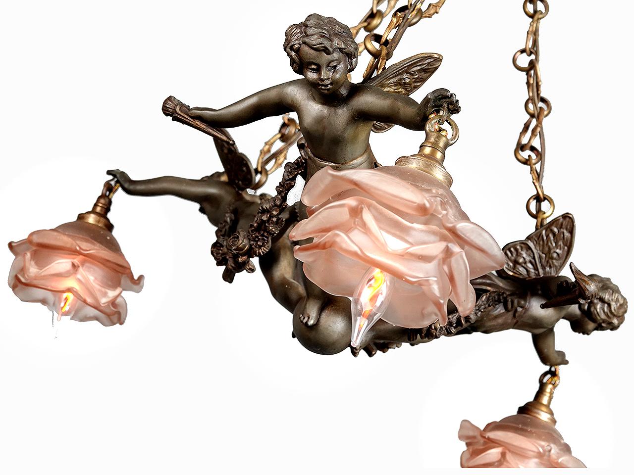 French Rococo Dark Bronze 1800s Rose Glass Chandelier In Good Condition For Sale In Peekskill, NY
