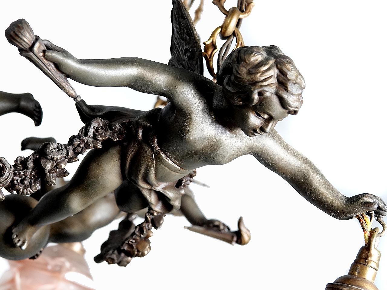 19th Century French Rococo Dark Bronze 1800s Rose Glass Chandelier For Sale