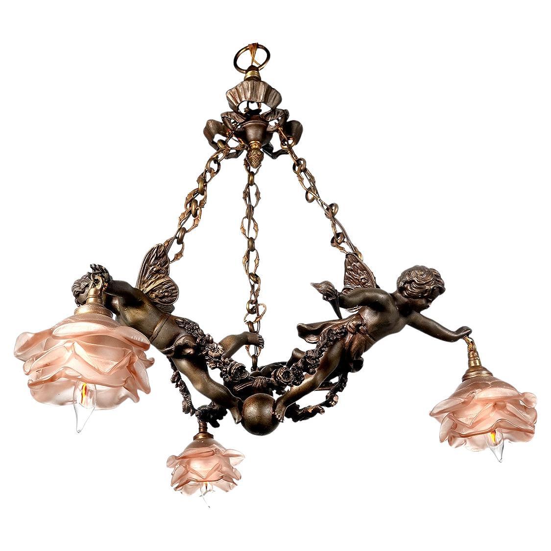 French Rococo Dark Bronze 1800s Rose Glass Chandelier