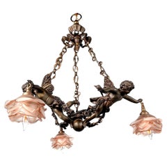  French Rococo Dark Bronze 1800s Rose Glass Chandelier
