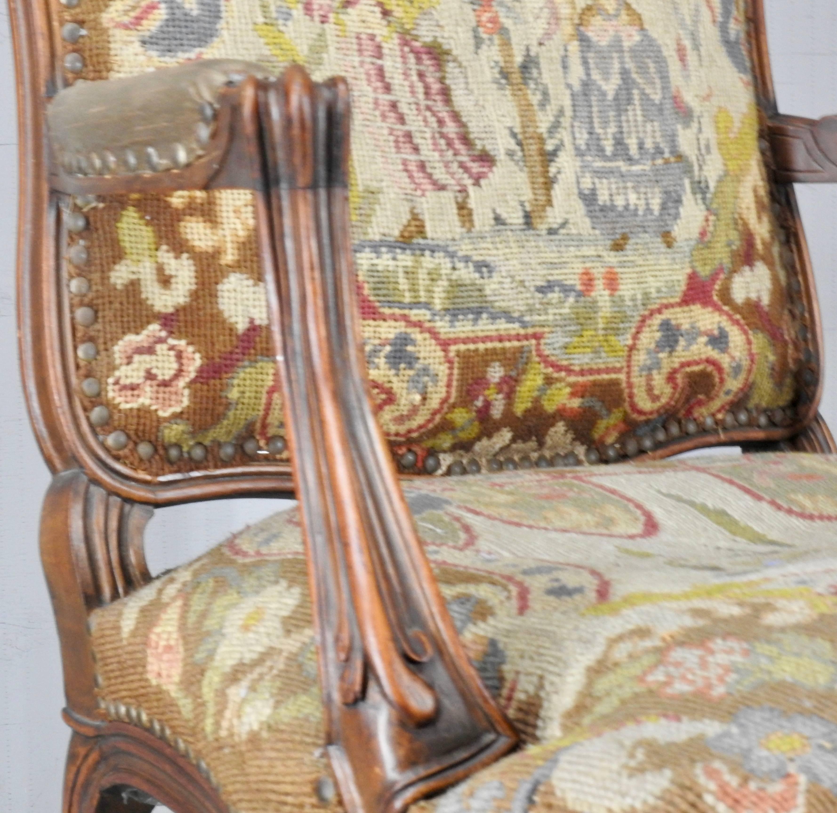 Woodwork French Rococo Fauteuil with Needlepoint Upholstery For Sale
